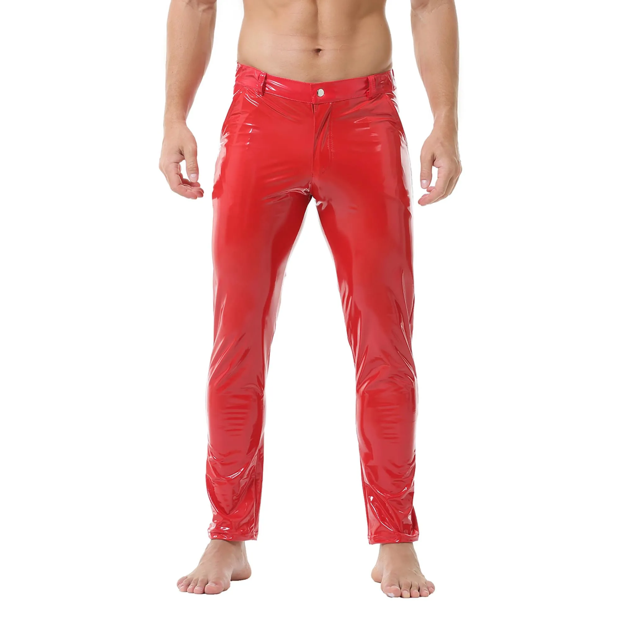 YUFEIDA Leggings da uomo classici look bagnato PU ecopelle pantaloni lunghi con chiusura lampo tasche casual moto cosplay danza palcoscenico party club leggings pantaloni da uomo, Rosso scarlatto, XL - immagine 1