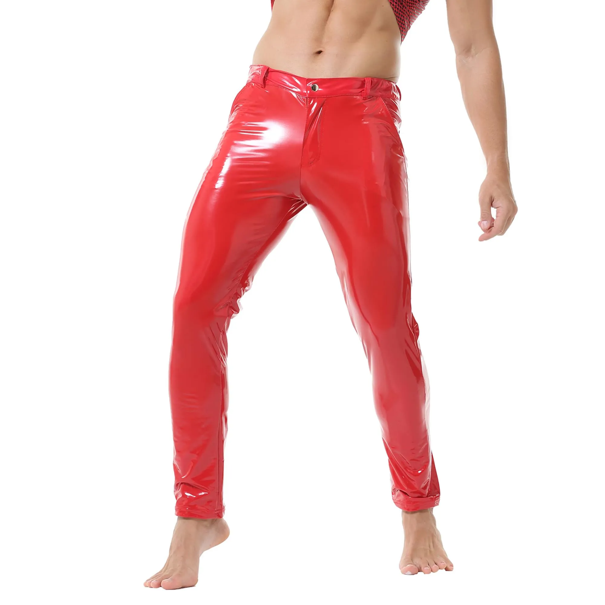 YUFEIDA Leggings da uomo classici look bagnato PU ecopelle pantaloni lunghi con chiusura lampo tasche casual moto cosplay danza palcoscenico party club leggings pantaloni da uomo, Rosso scarlatto, XL - immagine 2