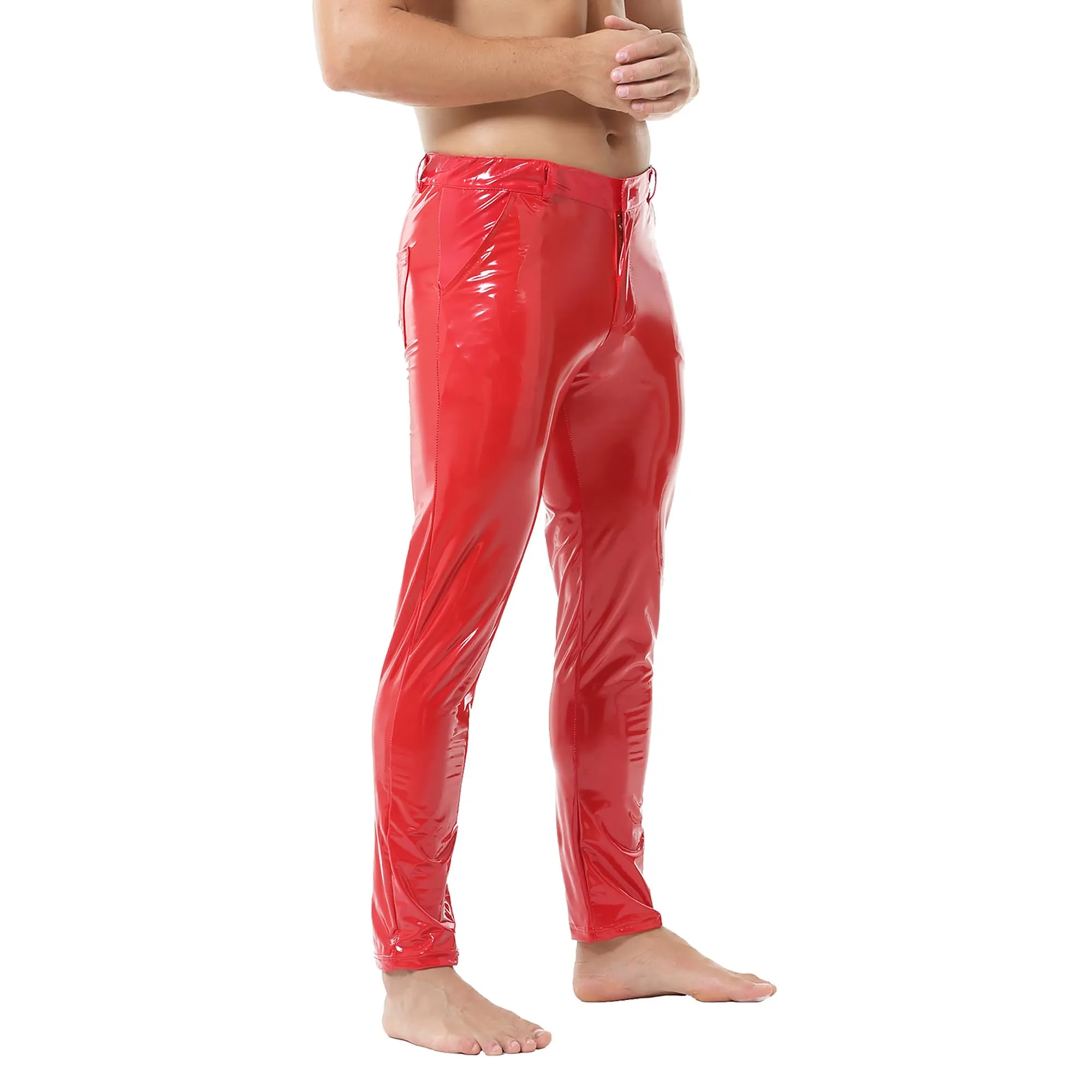 YUFEIDA Leggings da uomo classici look bagnato PU ecopelle pantaloni lunghi con chiusura lampo tasche casual moto cosplay danza palcoscenico party club leggings pantaloni da uomo, Rosso scarlatto, XL - immagine 3