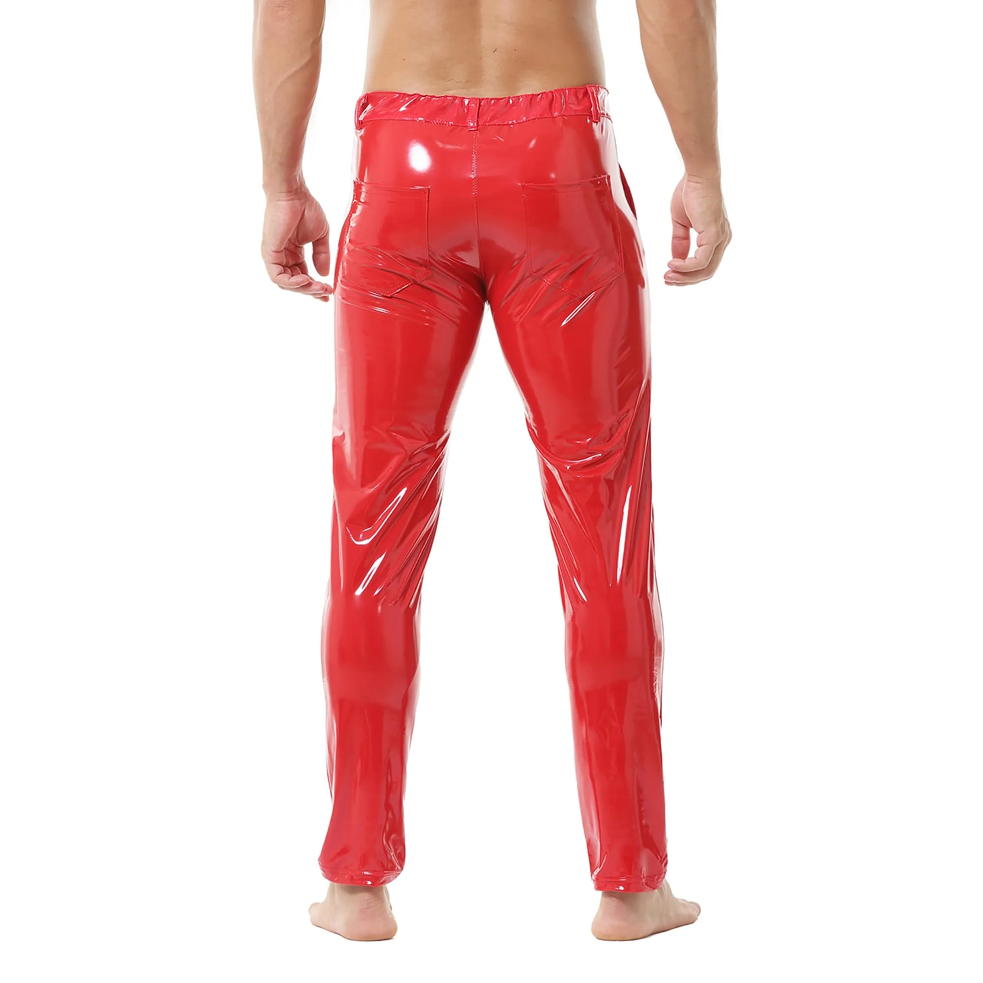 YUFEIDA Leggings da uomo classici look bagnato PU ecopelle pantaloni lunghi con chiusura lampo tasche casual moto cosplay danza palcoscenico party club leggings pantaloni da uomo, Rosso scarlatto, XL - immagine 4