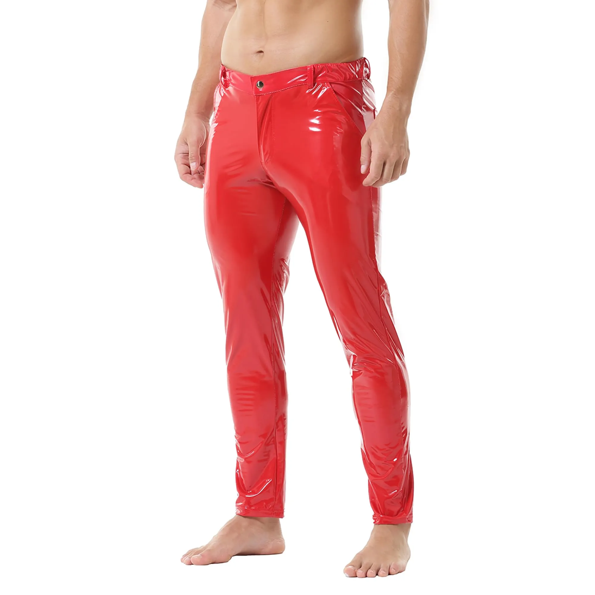 YUFEIDA Leggings da uomo classici look bagnato PU ecopelle pantaloni lunghi con chiusura lampo tasche casual moto cosplay danza palcoscenico party club leggings pantaloni da uomo, Rosso scarlatto, XL - immagine 5