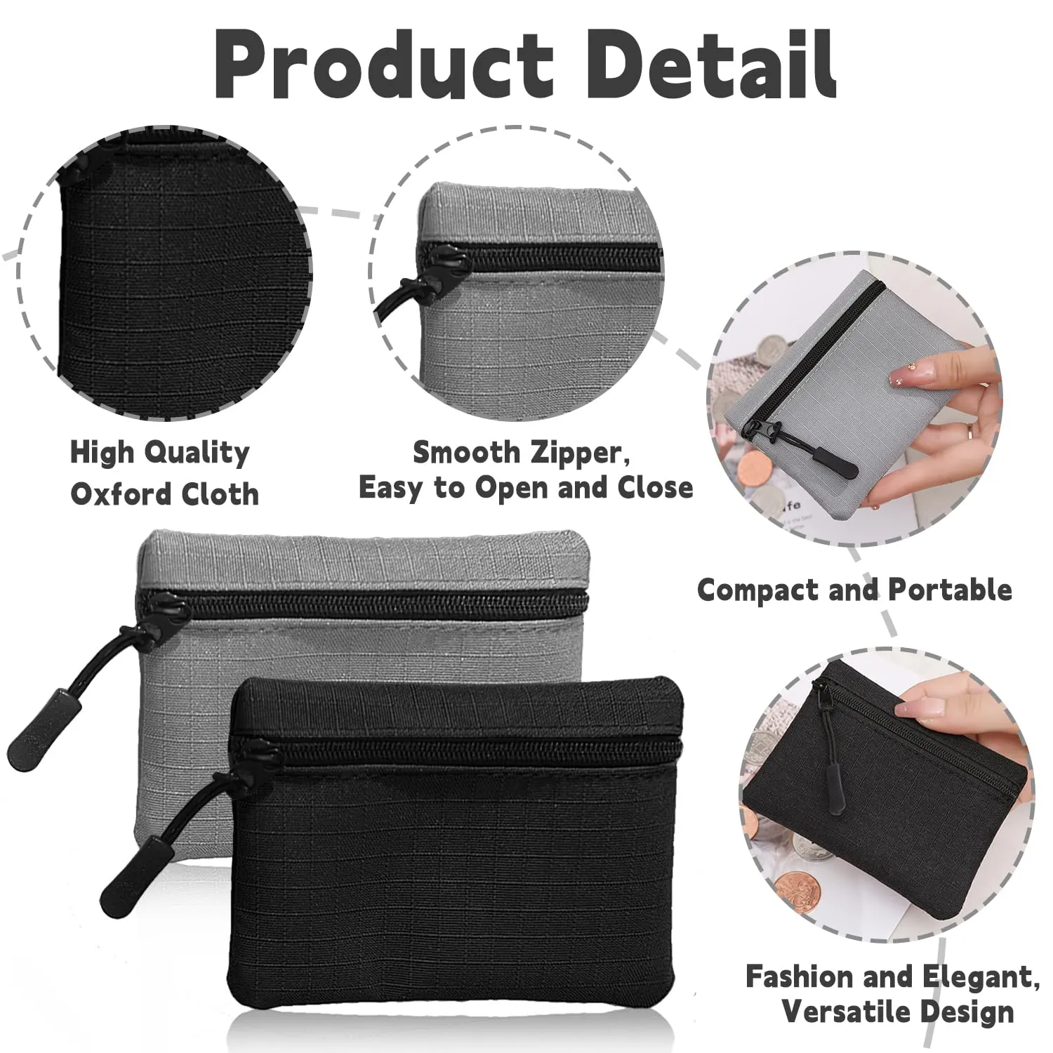 2 Pezzi Portamonete in Oxford Tessuto con Cerniera, Mini Portatile per Donna Uomo Bambina Ragazzi (Nero+Grigio) - immagine 3