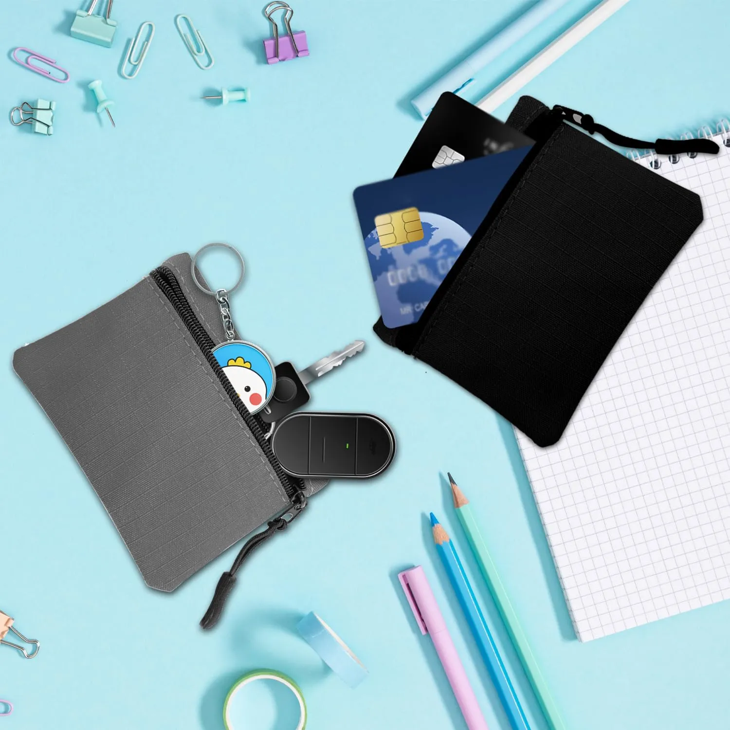 2 Pezzi Portamonete in Oxford Tessuto con Cerniera, Mini Portatile per Donna Uomo Bambina Ragazzi (Nero+Grigio) - immagine 5