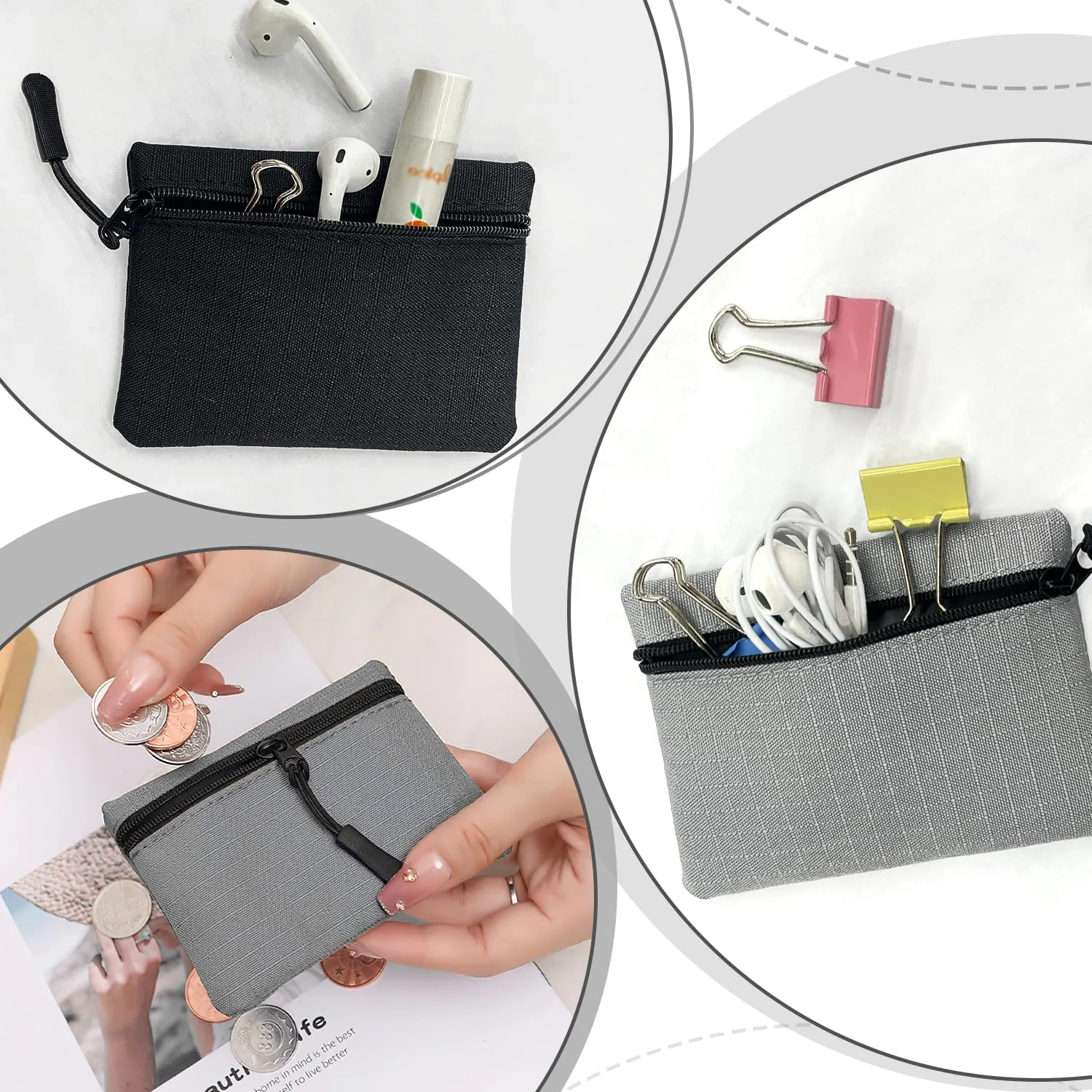 2 Pezzi Portamonete in Oxford Tessuto con Cerniera, Mini Portatile per Donna Uomo Bambina Ragazzi (Nero+Grigio) - immagine 6