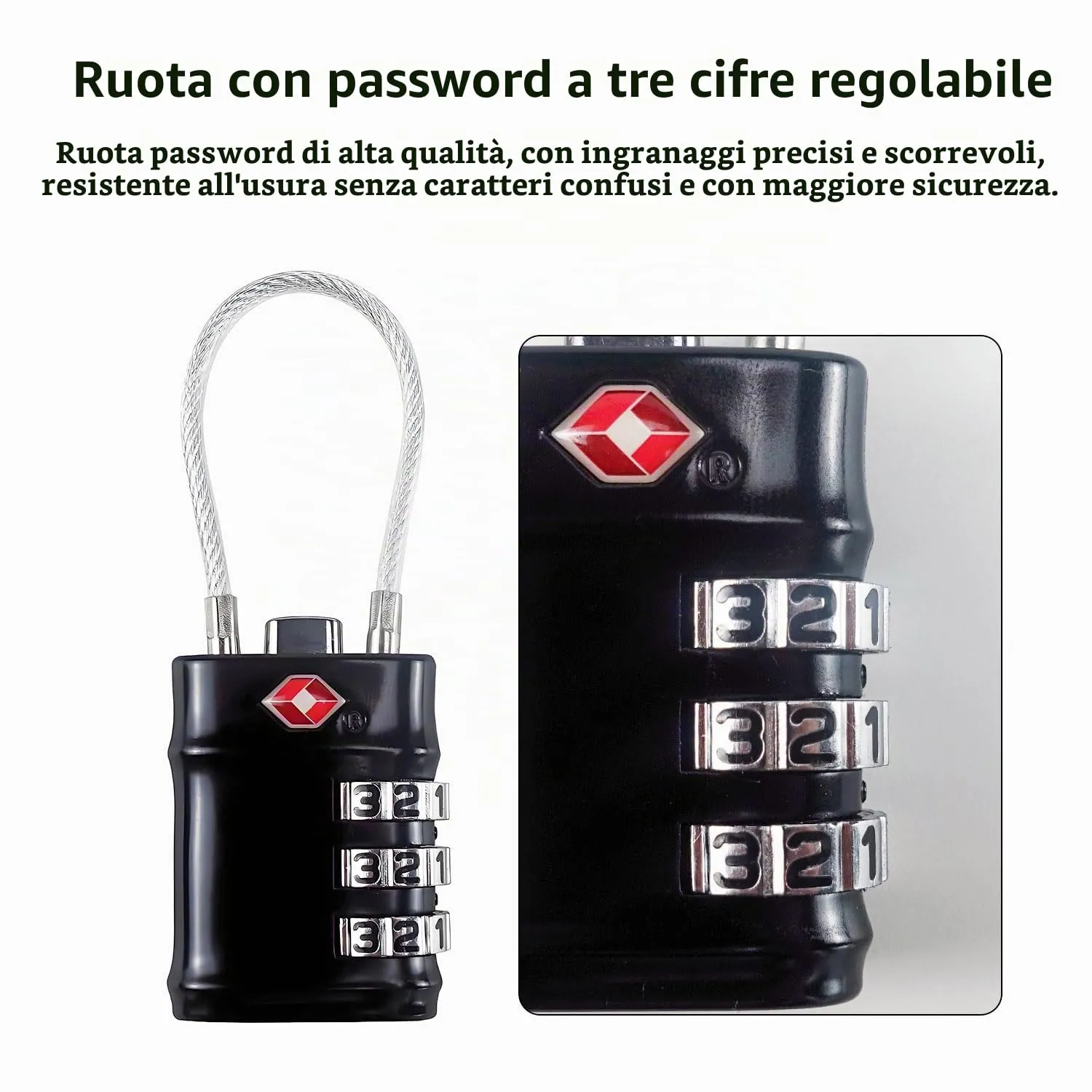 QUMOX Lucchetti per Bagagli con Cavo Approvati TSA, Lucchetti a Combinazione a 3 Cifre, Lucchetto da Viaggio per Valigie e Borse, Corpo in Lega, Accessori da Viaggio (Nero Confezione da 4) - immagine 3