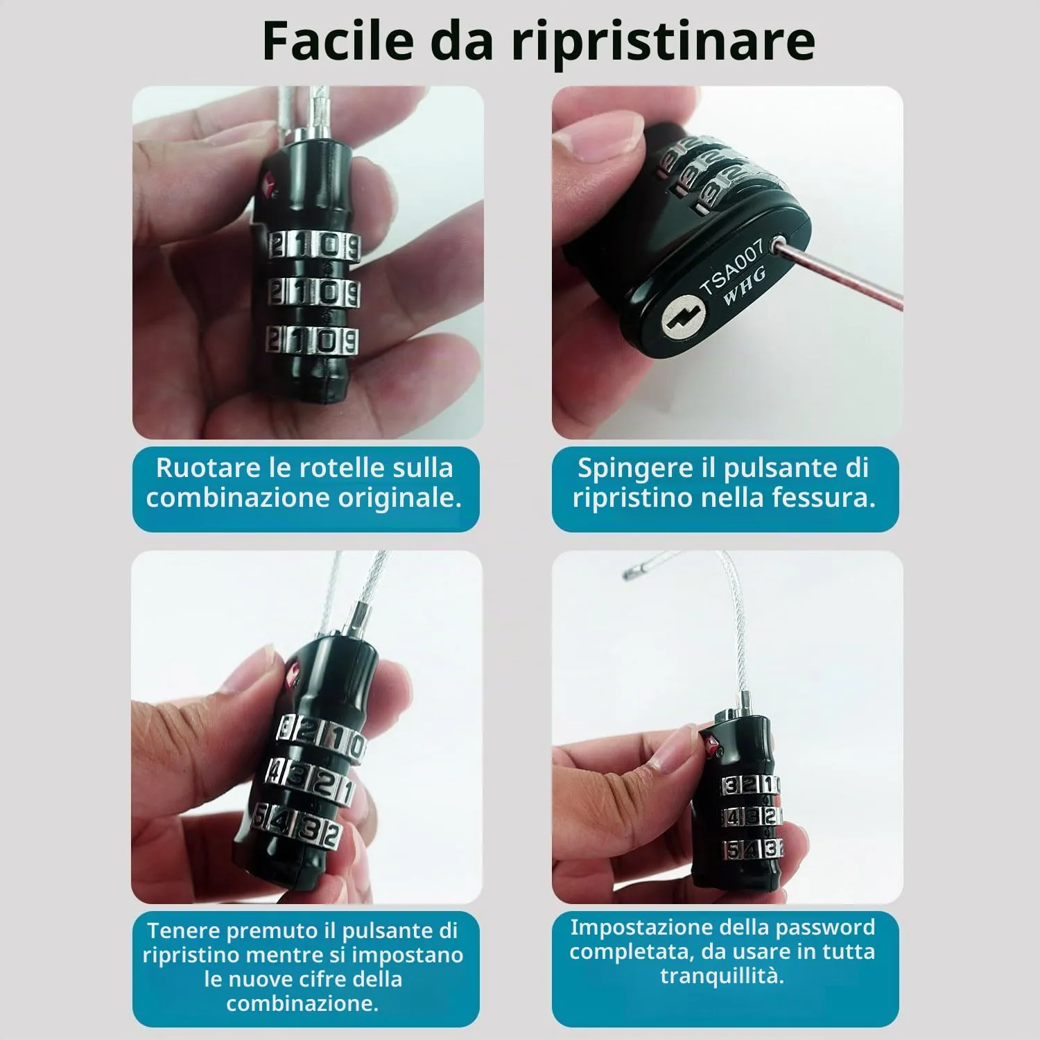 QUMOX Lucchetti per Bagagli con Cavo Approvati TSA, Lucchetti a Combinazione a 3 Cifre, Lucchetto da Viaggio per Valigie e Borse, Corpo in Lega, Accessori da Viaggio (Nero Confezione da 4) - immagine 7