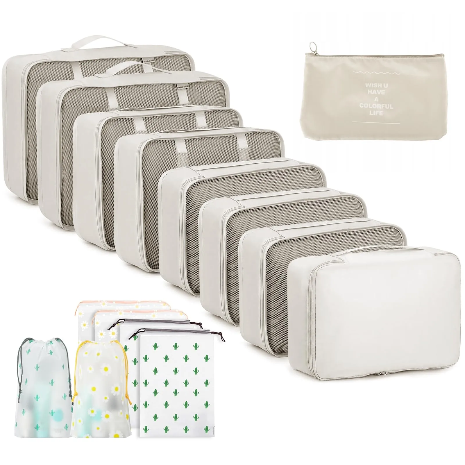 GIBOHOM Organizer Valigia, 15 Pezzi Set Organizer per Valigia, Packing Cubes per Vacanze e Viaggi, Divisori Valigia con Tasche Trasparenti, Beige - immagine 1