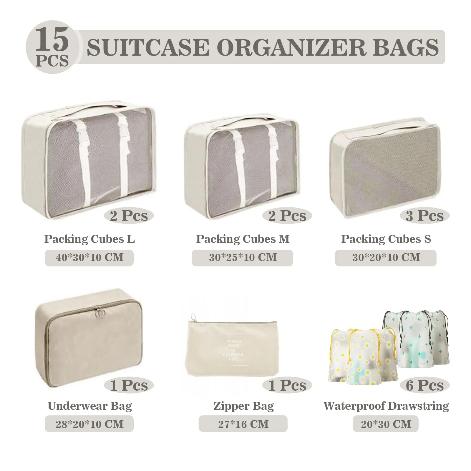 GIBOHOM Organizer Valigia, 15 Pezzi Set Organizer per Valigia, Packing Cubes per Vacanze e Viaggi, Divisori Valigia con Tasche Trasparenti, Beige - immagine 2