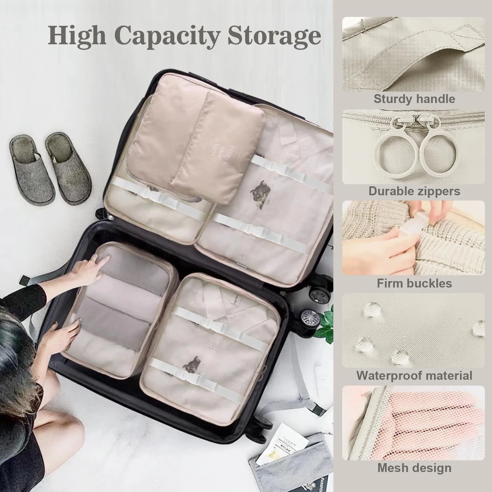 GIBOHOM Organizer Valigia, 15 Pezzi Set Organizer per Valigia, Packing Cubes per Vacanze e Viaggi, Divisori Valigia con Tasche Trasparenti, Beige - immagine 3