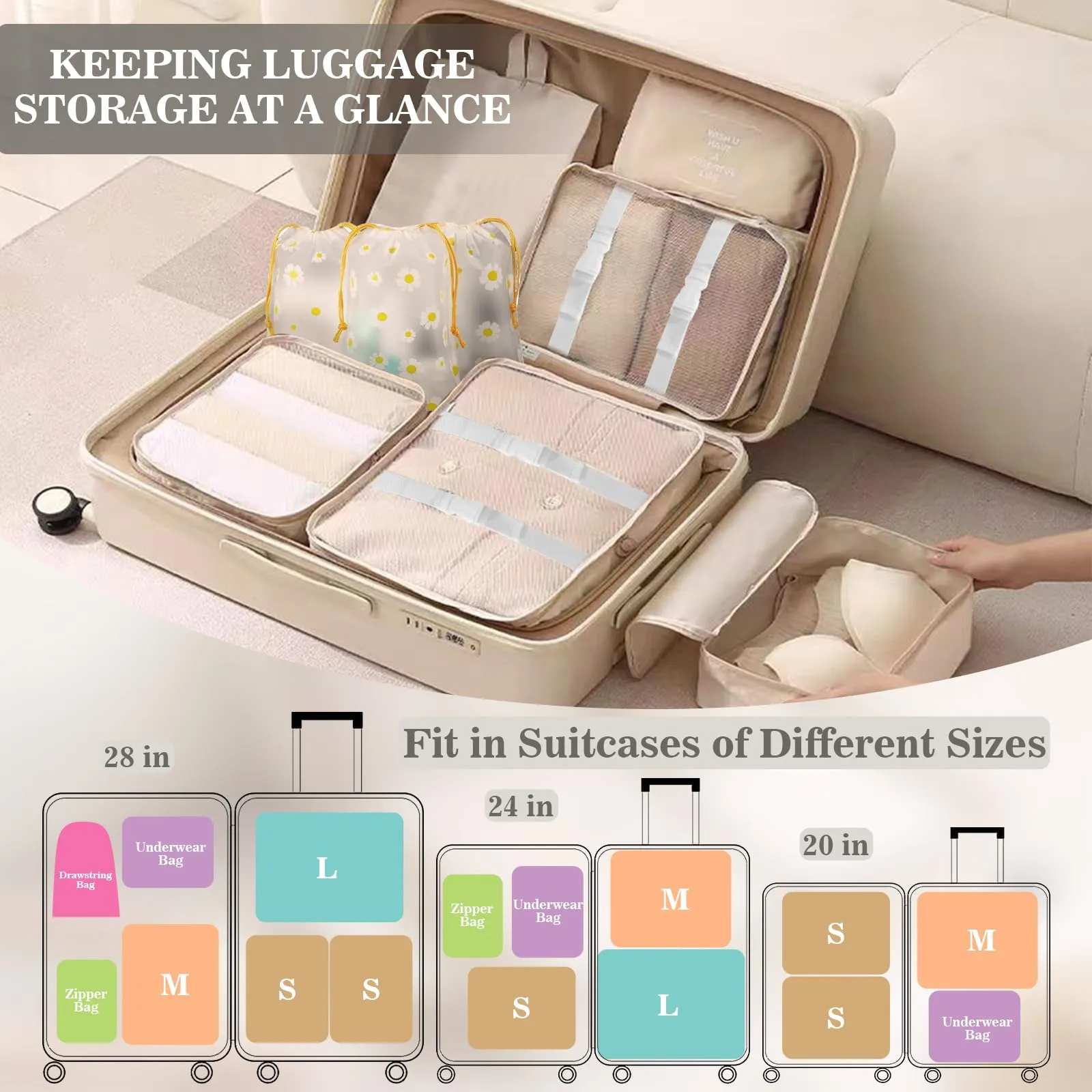 GIBOHOM Organizer Valigia, 15 Pezzi Set Organizer per Valigia, Packing Cubes per Vacanze e Viaggi, Divisori Valigia con Tasche Trasparenti, Beige - immagine 5