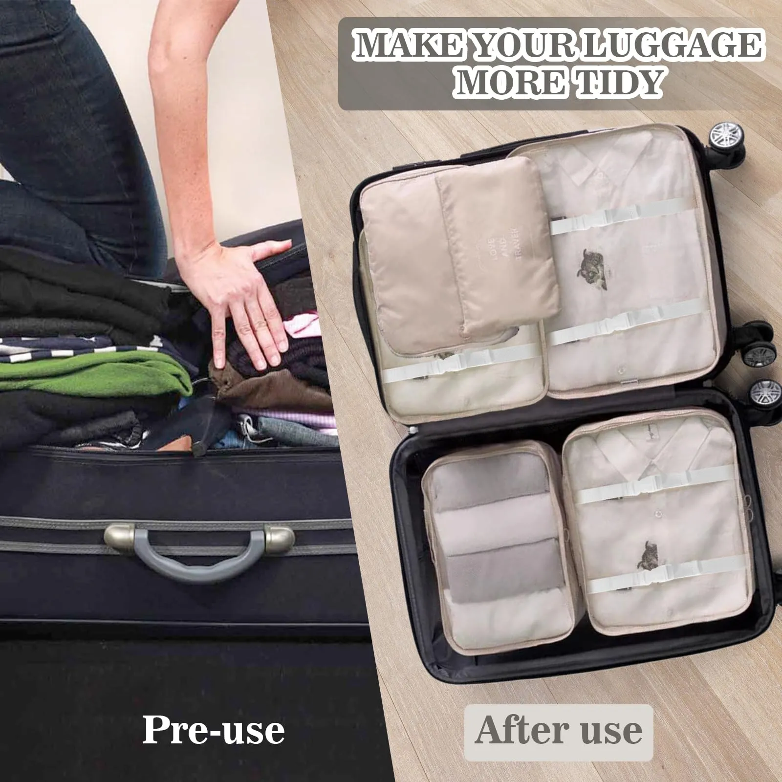 GIBOHOM Organizer Valigia, 15 Pezzi Set Organizer per Valigia, Packing Cubes per Vacanze e Viaggi, Divisori Valigia con Tasche Trasparenti, Beige - immagine 6