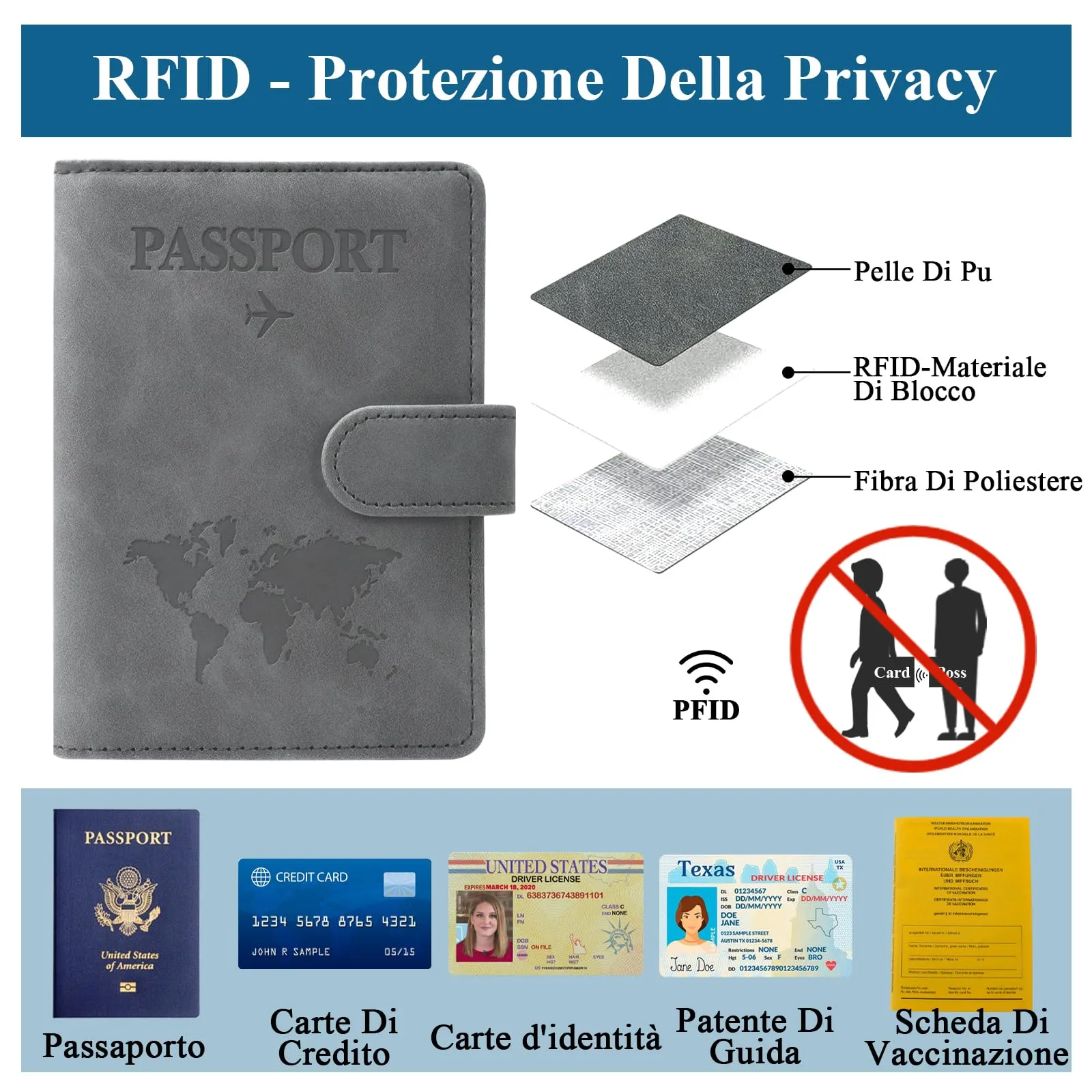 GADITIEK Porta Passaporto e Etichetta Valigia Aereo, Pelle Pu Custodia Passaporto Italiano con Blocco RFID, Portapassassaporto Cover per Carte Di Credito, D'Identità e Documenti Di Viaggio - immagine 3