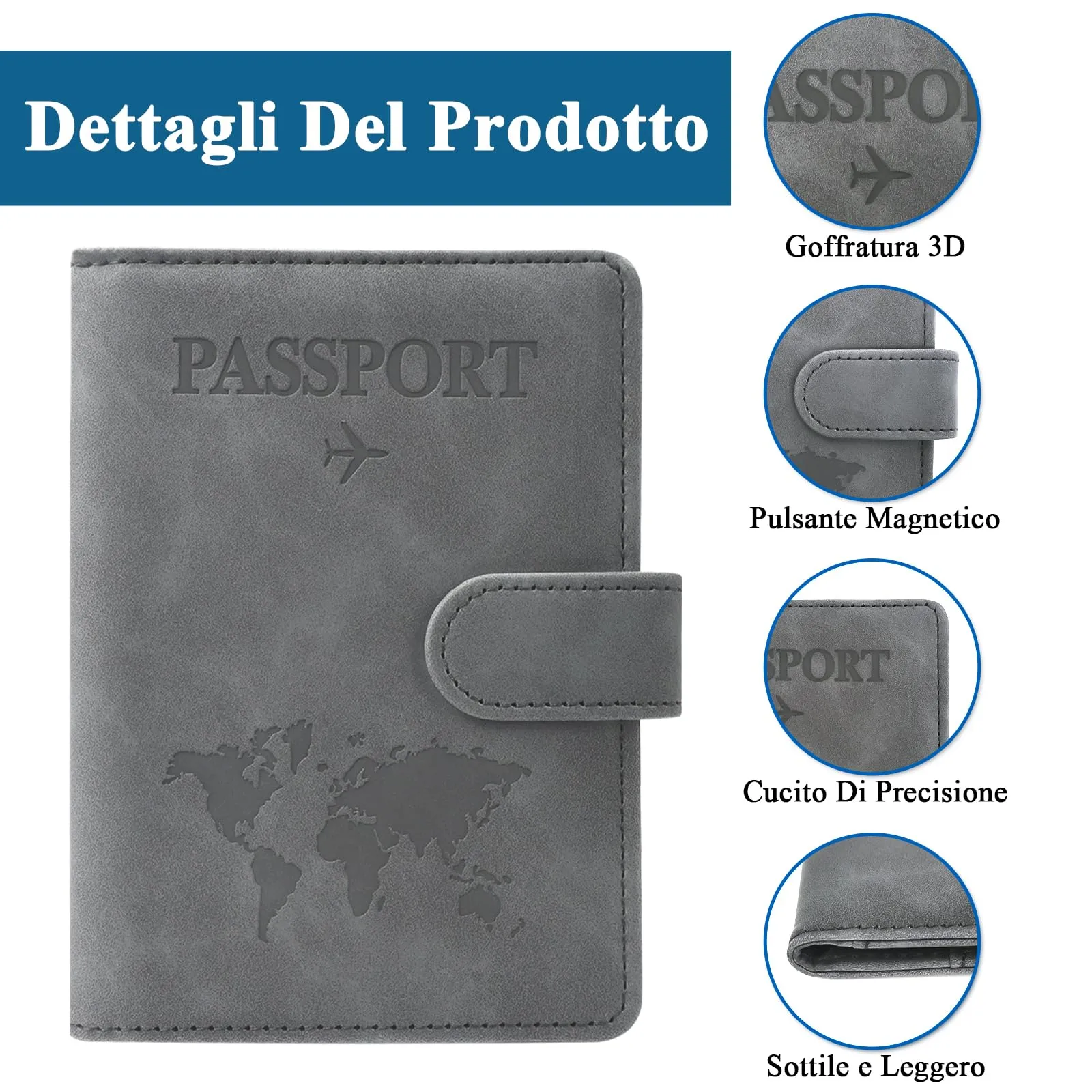 GADITIEK Porta Passaporto e Etichetta Valigia Aereo, Pelle Pu Custodia Passaporto Italiano con Blocco RFID, Portapassassaporto Cover per Carte Di Credito, D'Identità e Documenti Di Viaggio - immagine 4