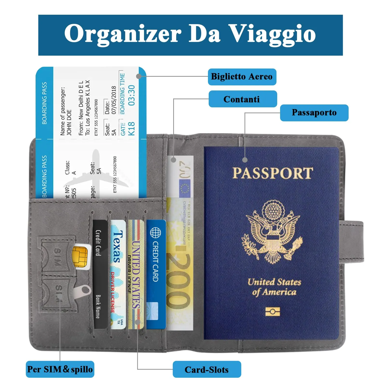 GADITIEK Porta Passaporto e Etichetta Valigia Aereo, Pelle Pu Custodia Passaporto Italiano con Blocco RFID, Portapassassaporto Cover per Carte Di Credito, D'Identità e Documenti Di Viaggio - immagine 5