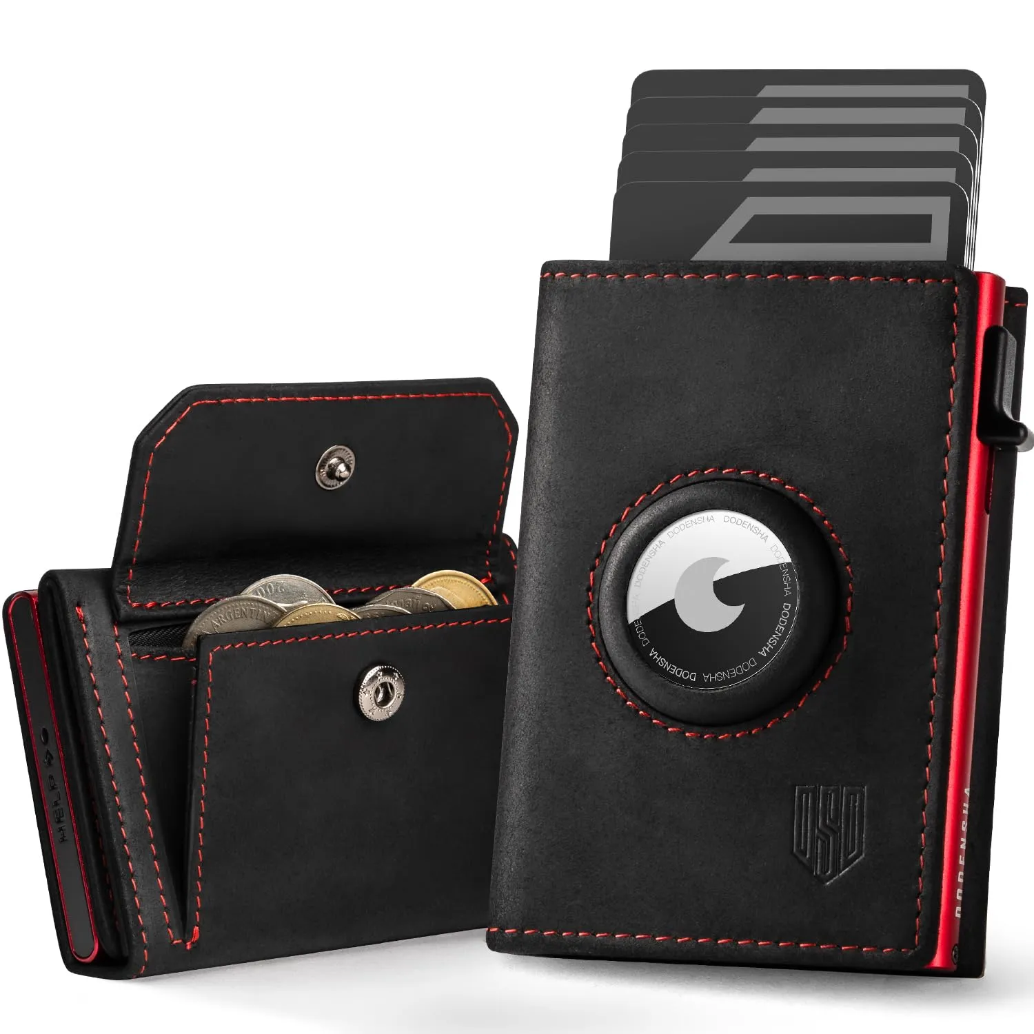 DODENSHA Airtag Wallet Portafoglio da uomo Smart Airtag con scomparto per monete, protezione RFID e capacità per oltre 10 carte di credito, design MagSnap (Nero Rosso) - immagine 1