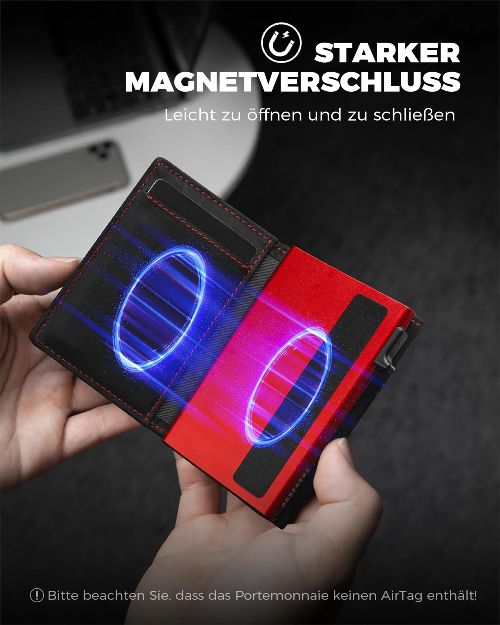 DODENSHA Airtag Wallet Portafoglio da uomo Smart Airtag con scomparto per monete, protezione RFID e capacità per oltre 10 carte di credito, design MagSnap (Nero Rosso) - immagine 2