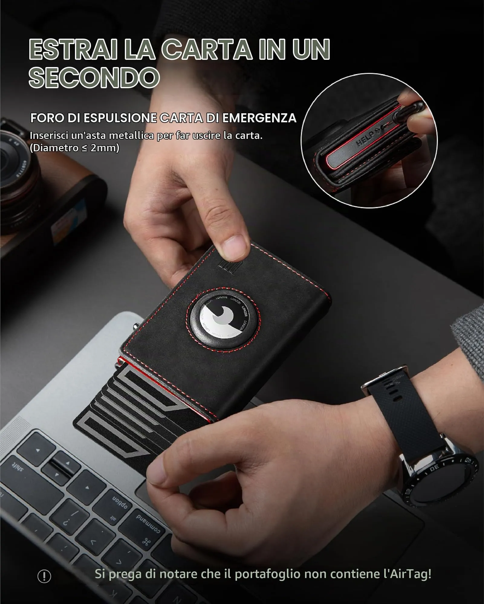 DODENSHA Airtag Wallet Portafoglio da uomo Smart Airtag con scomparto per monete, protezione RFID e capacità per oltre 10 carte di credito, design MagSnap (Nero Rosso) - immagine 4