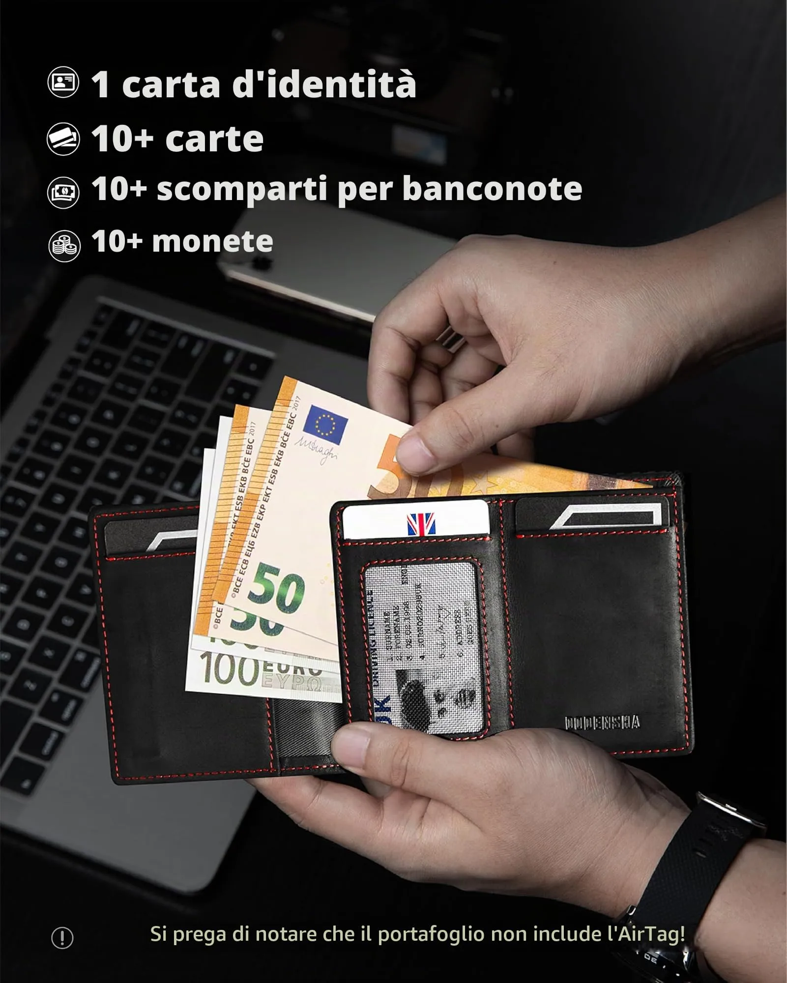DODENSHA Airtag Wallet Portafoglio da uomo Smart Airtag con scomparto per monete, protezione RFID e capacità per oltre 10 carte di credito, design MagSnap (Nero Rosso) - immagine 5
