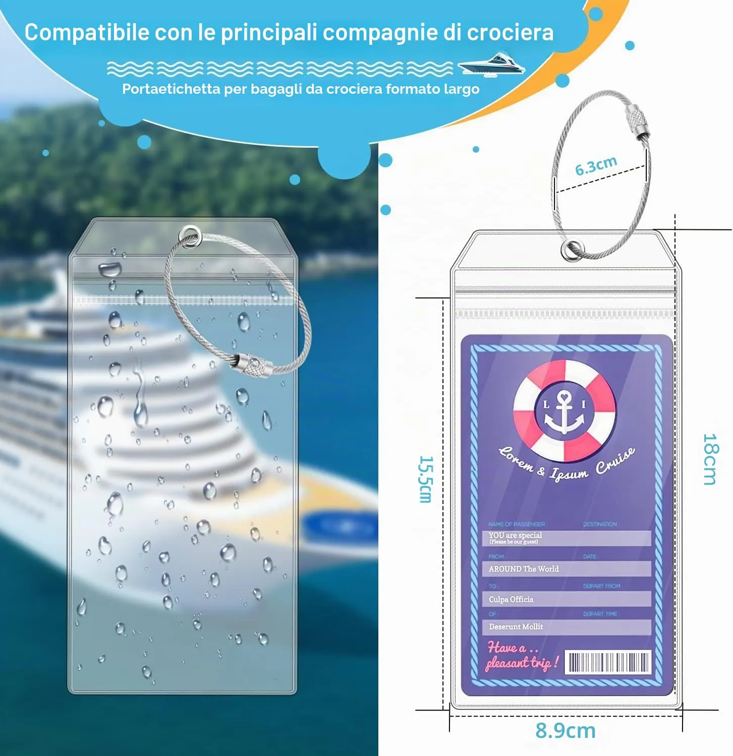 Etichette per Bagagli per Crociere, Etichette per Valigie Crociere Aida Robusta in PVC Impermeabile Trasparente per Mein Schiff, Etichetta per Bagagli Crociera con Nastro Metallico Avvitabile (4) - immagine 3
