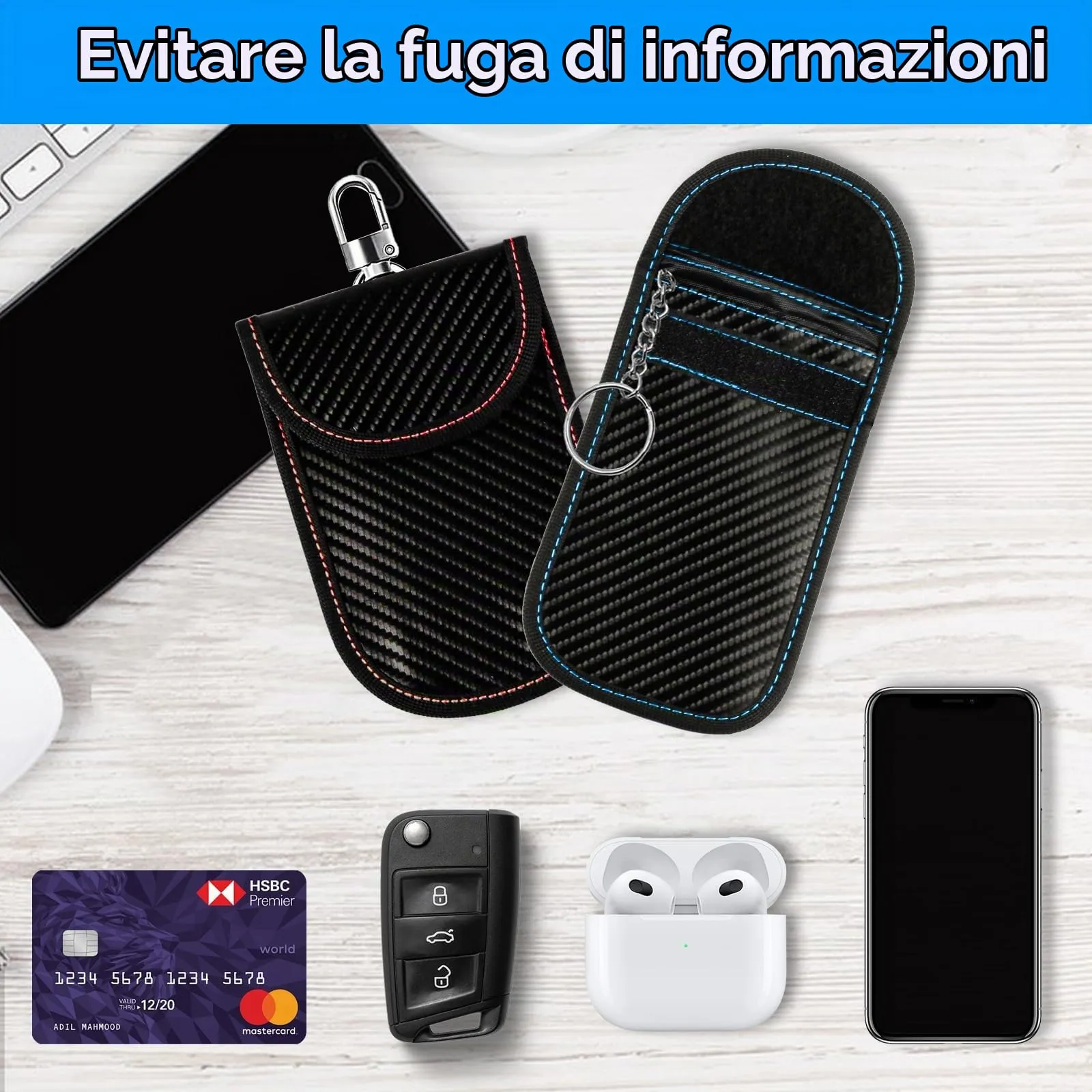2 Pz Custodia Faraday Chiavi Auto, Borsa Blocco RFID - immagine 7