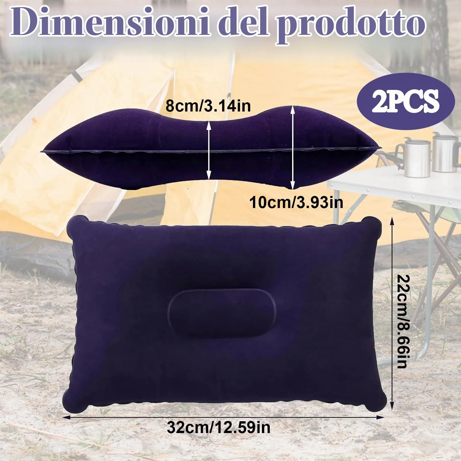 Confezione da 2 cuscini gonfiabili ultraleggeri piccoli quadrati in tessuto floccato cuscino d'aria da campeggio blu navy cuscini da viaggio gonfiabili 32 x 20 cm superficie morbida floccata, leggero - immagine 3
