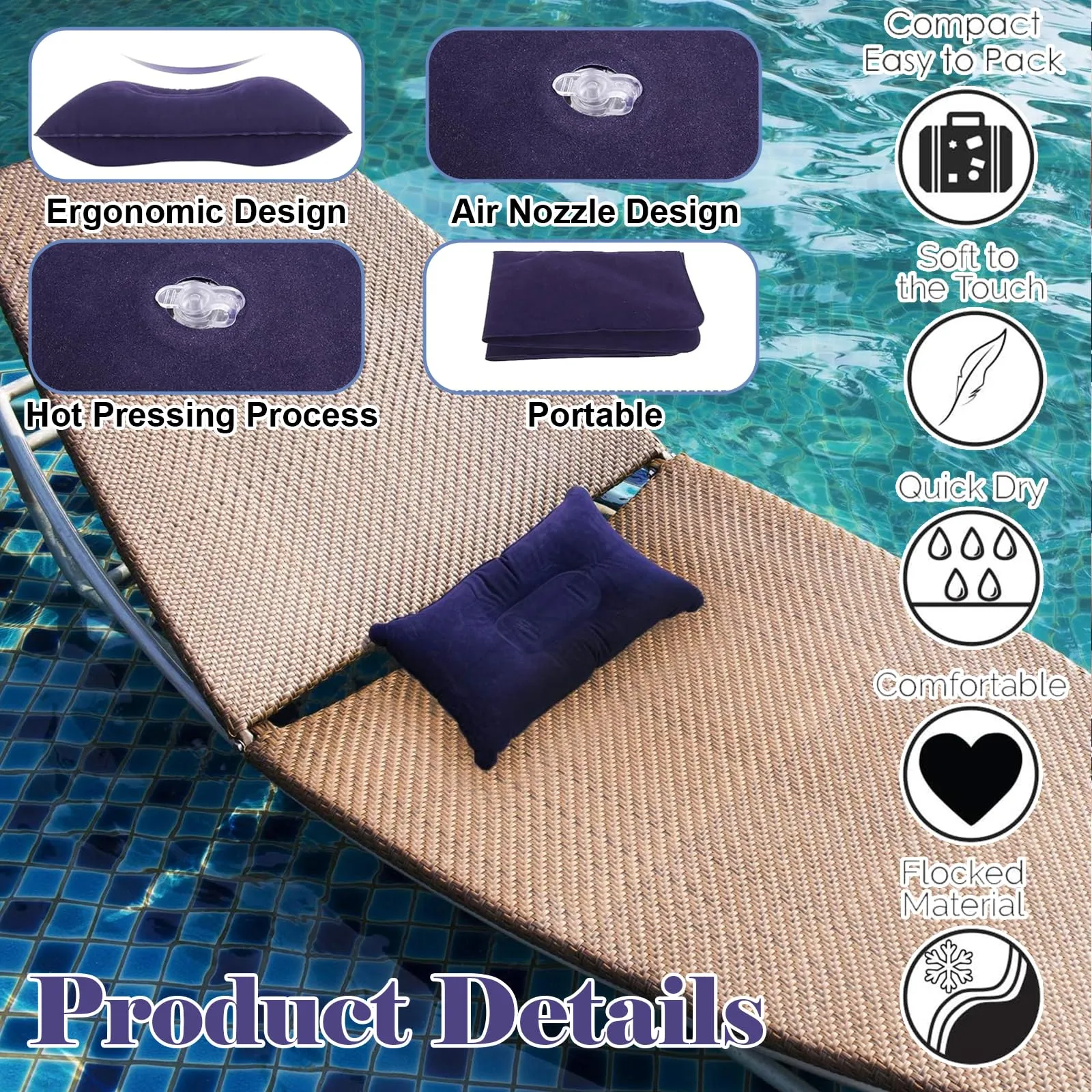 Confezione da 2 cuscini gonfiabili ultraleggeri piccoli quadrati in tessuto floccato cuscino d'aria da campeggio blu navy cuscini da viaggio gonfiabili 32 x 20 cm superficie morbida floccata, leggero - immagine 4