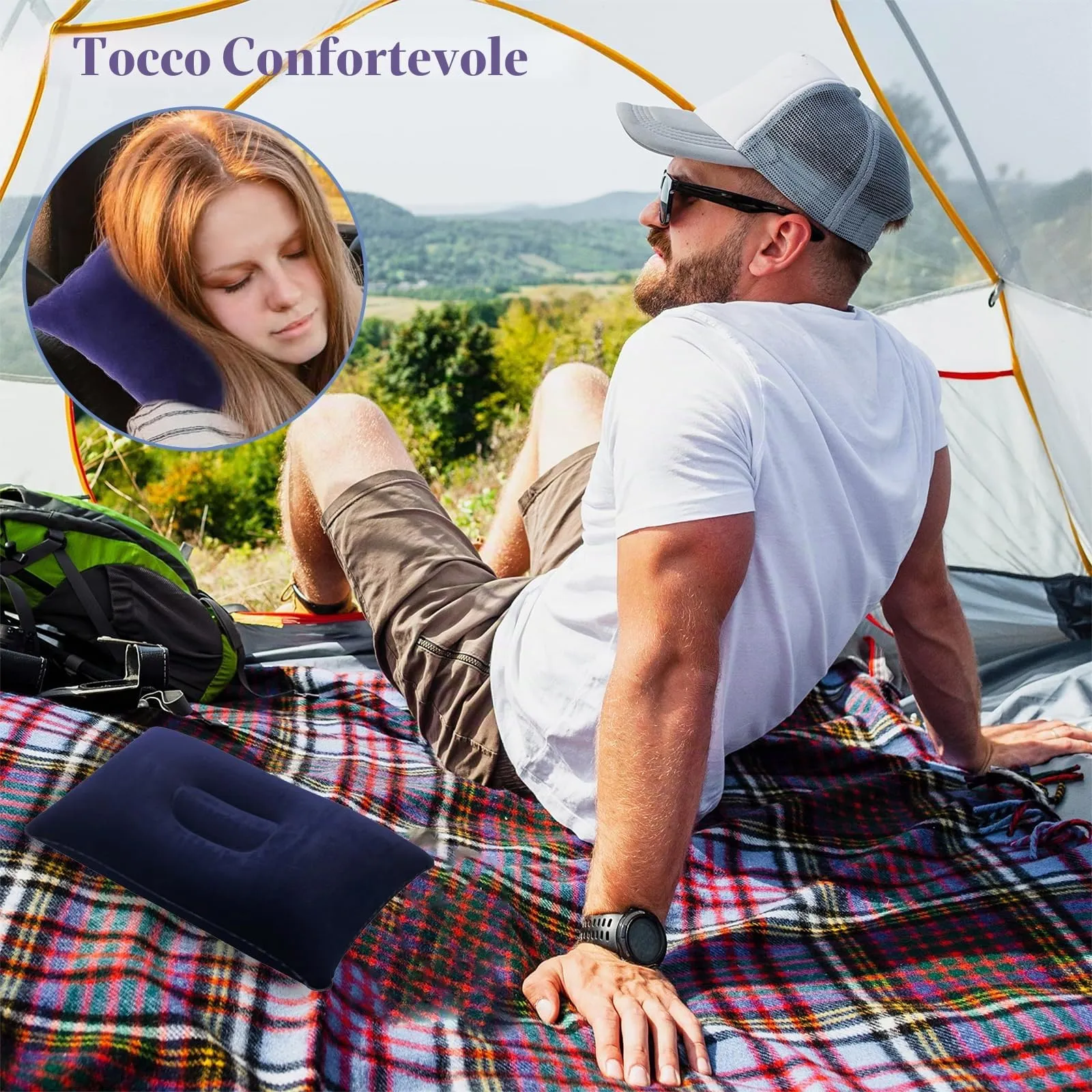 Confezione da 2 cuscini gonfiabili ultraleggeri piccoli quadrati in tessuto floccato cuscino d'aria da campeggio blu navy cuscini da viaggio gonfiabili 32 x 20 cm superficie morbida floccata, leggero - immagine 6