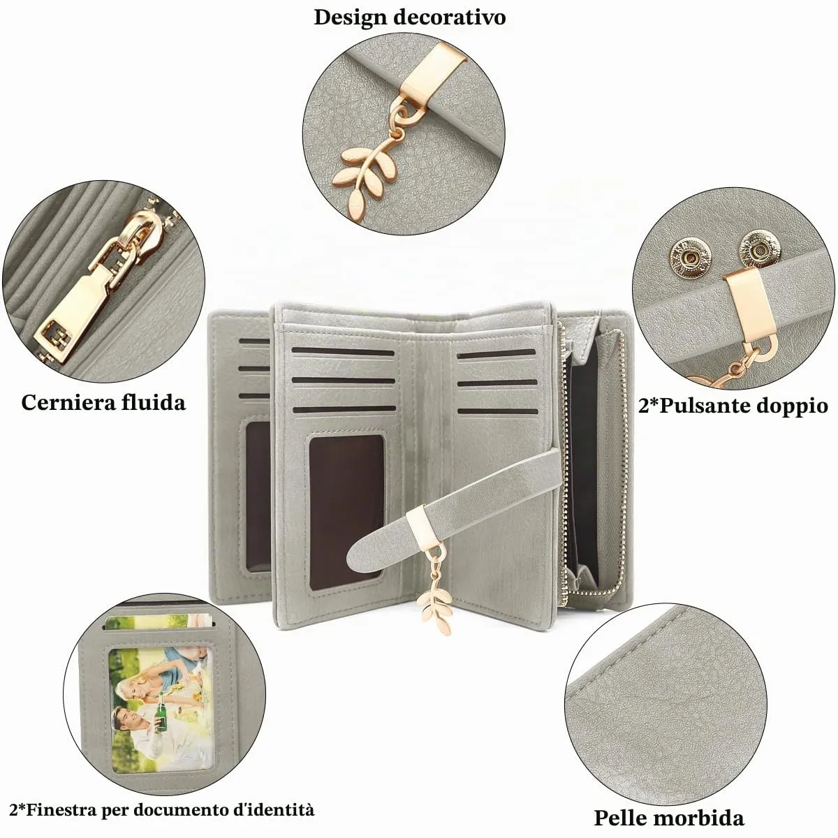 GOUNNU Portafoglio Donna Piccolo Portafogli Pelle PU RFID Blocco Slim Formato Corto Portamonete per donna con 17 Porta Carta di Credito Cerniera (Grigio) - immagine 2