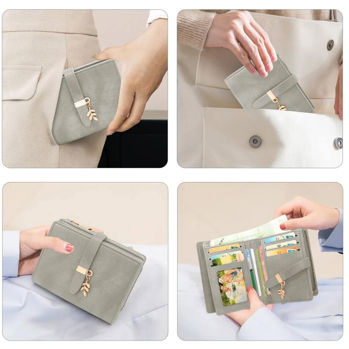 GOUNNU Portafoglio Donna Piccolo Portafogli Pelle PU RFID Blocco Slim Formato Corto Portamonete per donna con 17 Porta Carta di Credito Cerniera (Grigio) - immagine 5