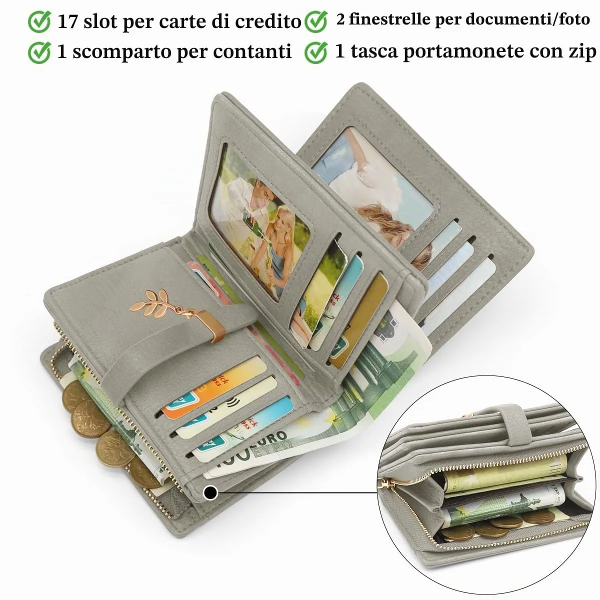 GOUNNU Portafoglio Donna Piccolo Portafogli Pelle PU RFID Blocco Slim Formato Corto Portamonete per donna con 17 Porta Carta di Credito Cerniera (Grigio) - immagine 6