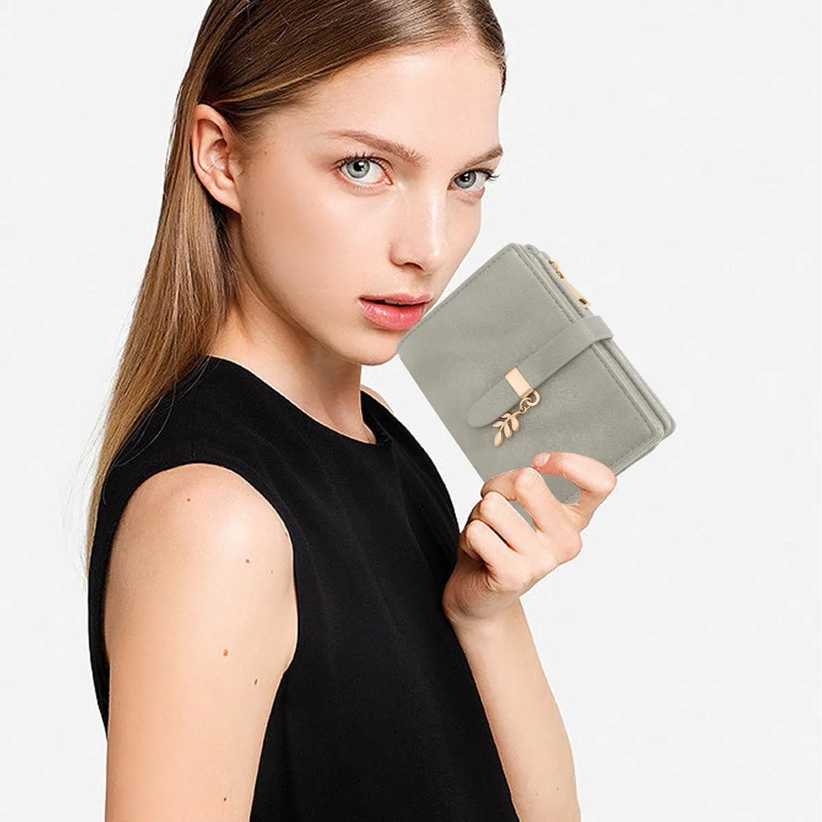 GOUNNU Portafoglio Donna Piccolo Portafogli Pelle PU RFID Blocco Slim Formato Corto Portamonete per donna con 17 Porta Carta di Credito Cerniera (Grigio) - immagine 7