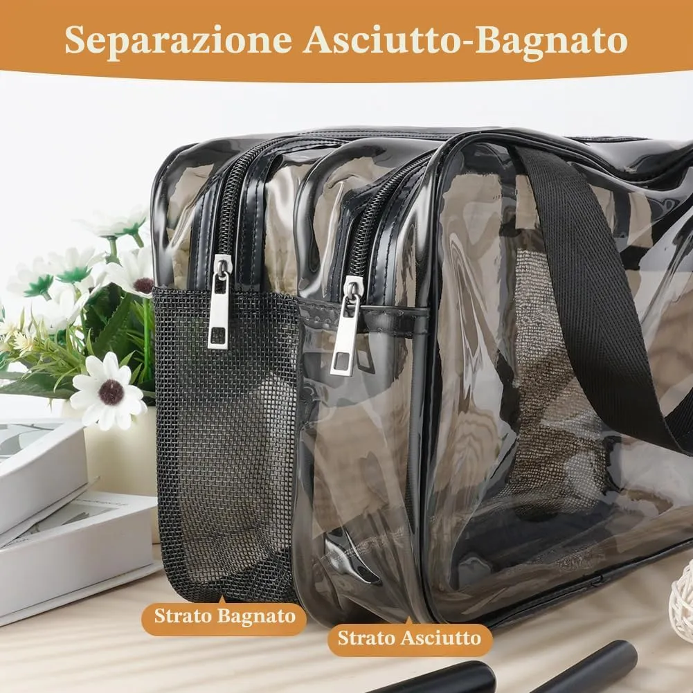 Aucuu Borse Da Toilette Trasparente, Beauty Case Trasparente, PVC Trousse da Viaggio, Borsa Cosmetici con separazione tra asciutto e bagnato, Cosmetici Trucco Portatile per Piscina, Viaggio - immagine 4