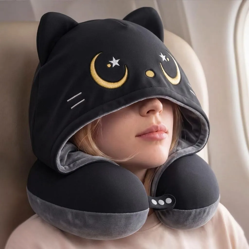 Mewaii Cuscino da Viaggio Bambini Collo Viaggio Reversibile Gatto Nero con Design Grigio Scuro, Cuscino Memory Foam per Bambini e Adulti, Regalo per Viaggio in Aereo, Auto, Treno - immagine 1