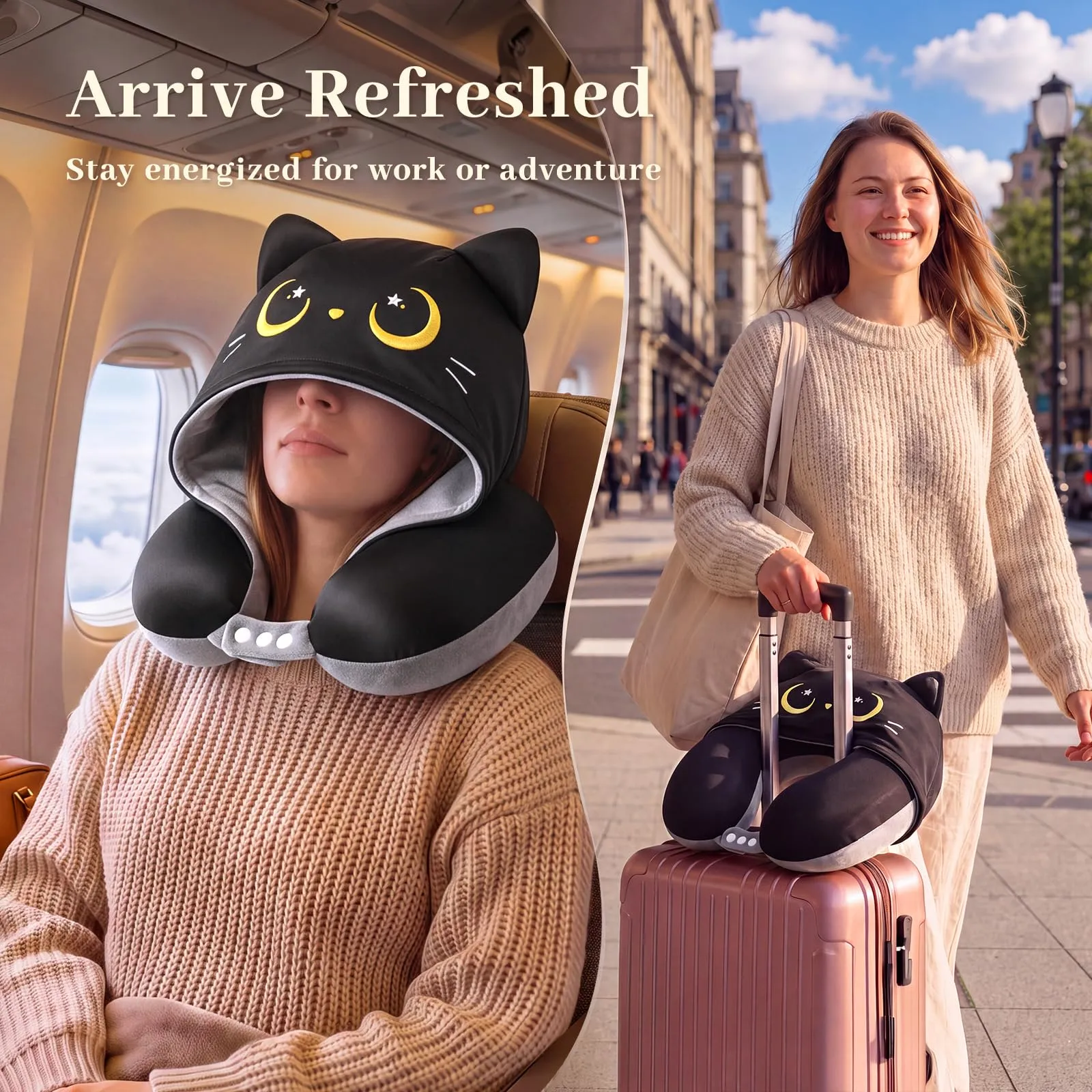 Mewaii Cuscino da Viaggio Bambini Collo Viaggio Reversibile Gatto Nero con Design Grigio Scuro, Cuscino Memory Foam per Bambini e Adulti, Regalo per Viaggio in Aereo, Auto, Treno - immagine 2