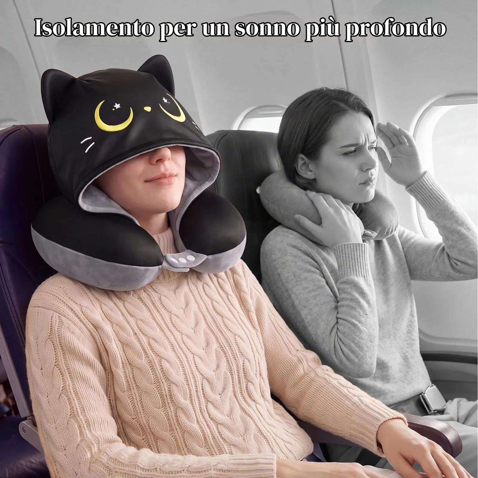 Mewaii Cuscino da Viaggio Bambini Collo Viaggio Reversibile Gatto Nero con Design Grigio Scuro, Cuscino Memory Foam per Bambini e Adulti, Regalo per Viaggio in Aereo, Auto, Treno - immagine 5