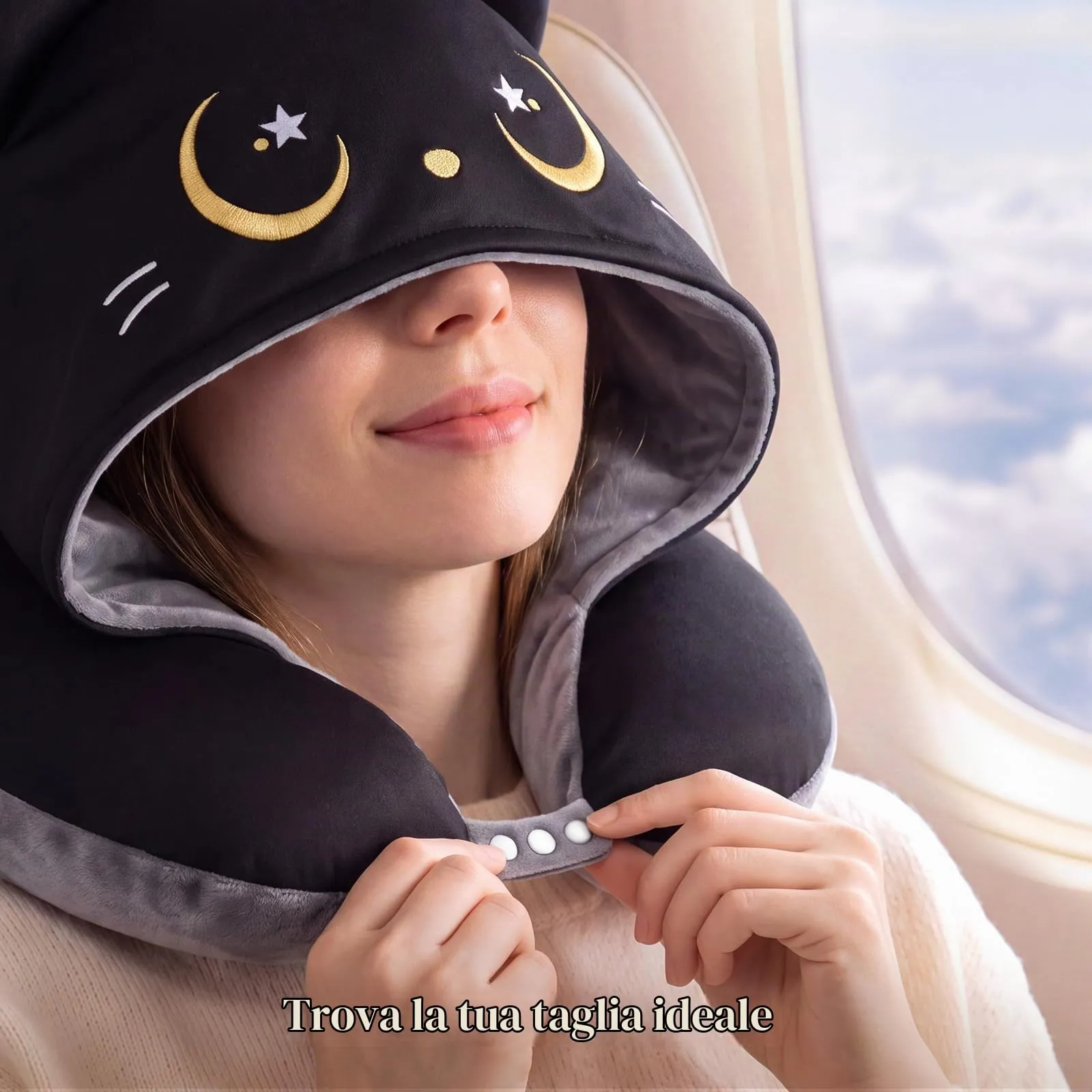 Mewaii Cuscino da Viaggio Bambini Collo Viaggio Reversibile Gatto Nero con Design Grigio Scuro, Cuscino Memory Foam per Bambini e Adulti, Regalo per Viaggio in Aereo, Auto, Treno - immagine 7