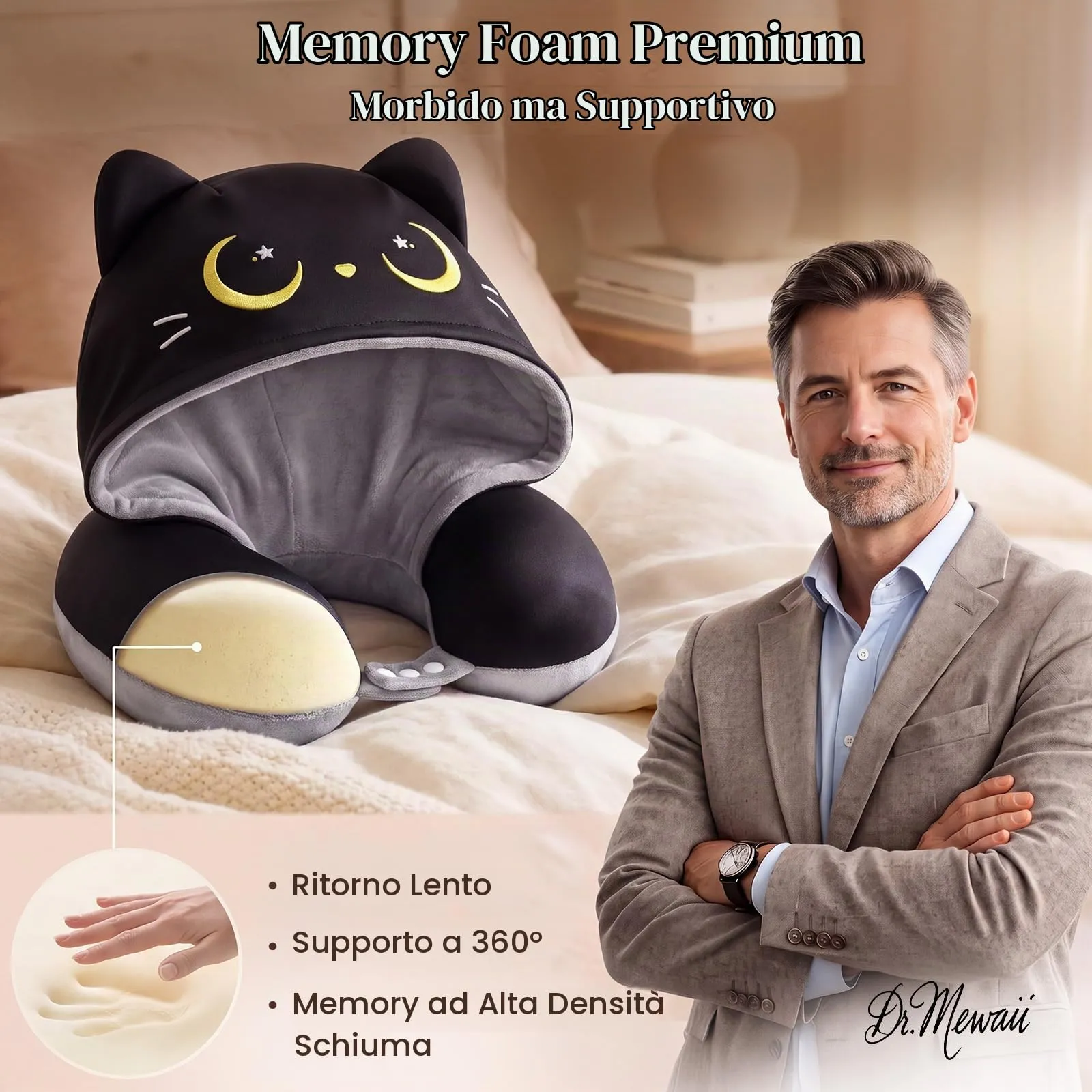 Mewaii Cuscino da Viaggio Bambini Collo Viaggio Reversibile Gatto Nero con Design Grigio Scuro, Cuscino Memory Foam per Bambini e Adulti, Regalo per Viaggio in Aereo, Auto, Treno - immagine 8