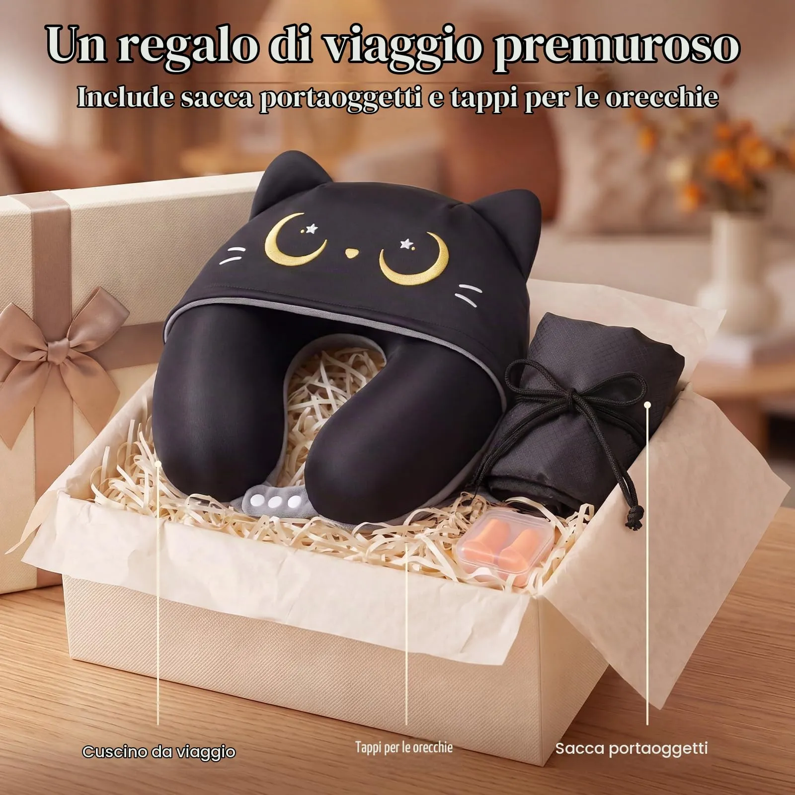 Mewaii Cuscino da Viaggio Bambini Collo Viaggio Reversibile Gatto Nero con Design Grigio Scuro, Cuscino Memory Foam per Bambini e Adulti, Regalo per Viaggio in Aereo, Auto, Treno - immagine 9
