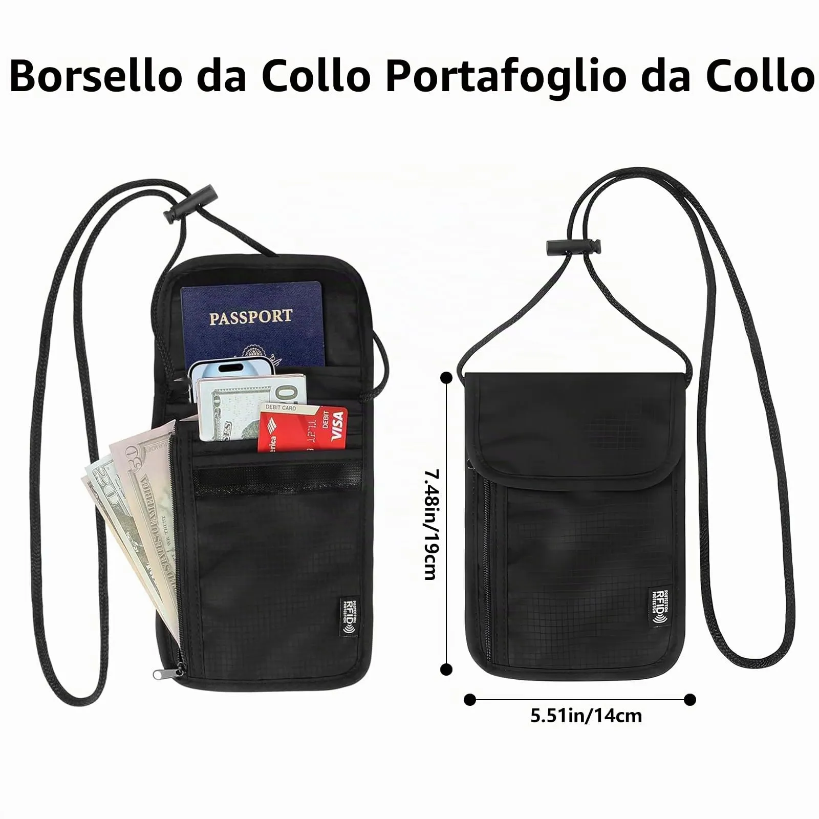 AMSGANK Portadocumenti da Collo Nero, Porta Passaporto da Viaggio Borsello da Viaggio Uomo e Donna con Protettive RFID per Contante, Carte di Credito, Passaporti, Cellulari - immagine 3