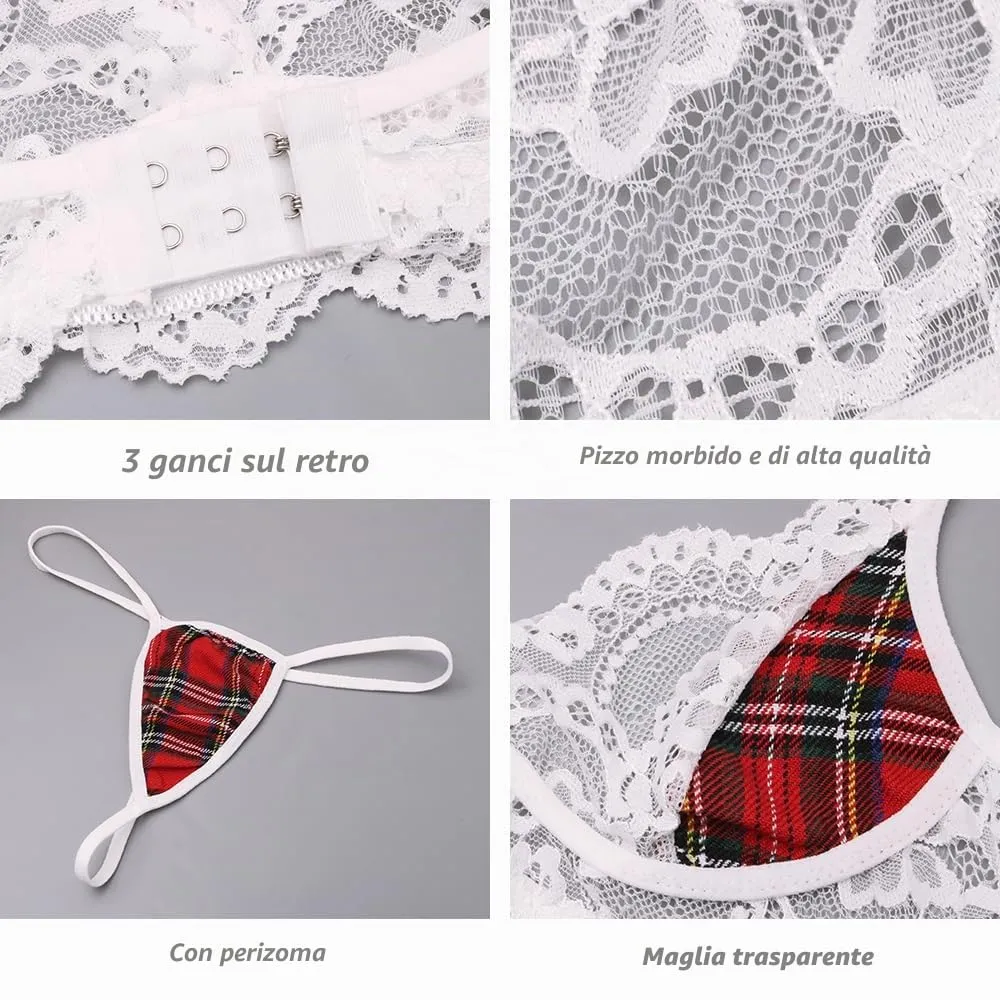 VicSec Sexy Donna Costume Natale Scolaretta Cosplay Uniforme Scottoveste Set, Hot Lingerie Biancheria Intima con Minigonna Plaid a Pieghe Vestito con Cravatta e Camicetta, Indumenti Notte Giochi Ruolo - immagine 6