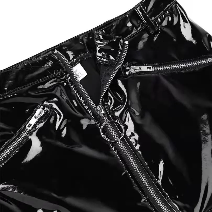 Mini gonna elastica da donna, in ecopelle, sexy, per clubwear, con chiusura lampo, dettaglio, Nero , XL - immagine 4
