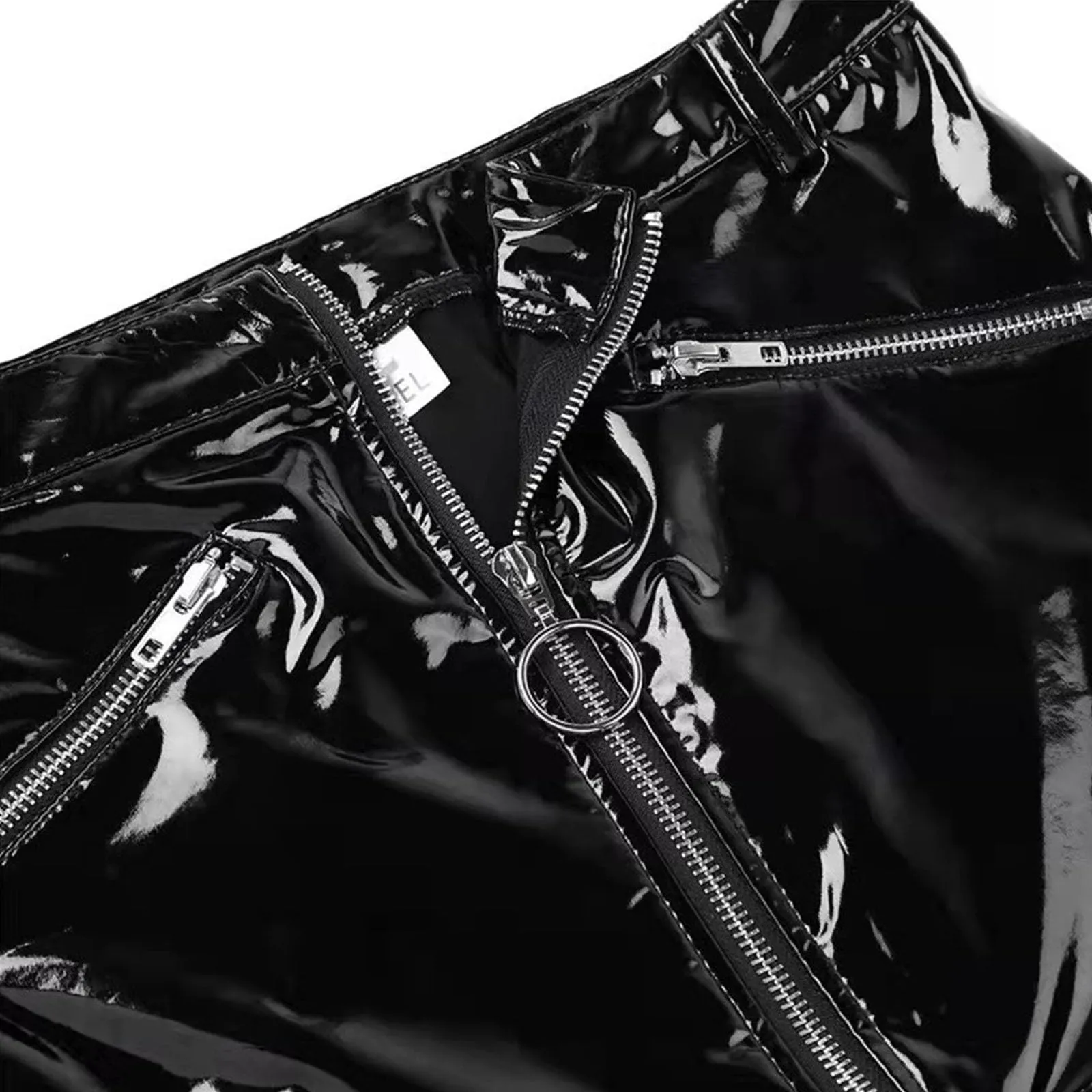 Mini gonna elastica da donna, in ecopelle, sexy, per clubwear, con chiusura lampo, dettaglio, Nero , XL - immagine 7