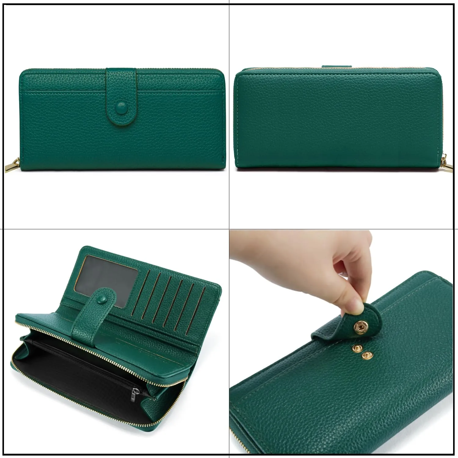 ANYWN Portafoglio donna grande in morbida pelle sintetica liscia, portafogli lungo con cerniera e bottone a pressione, borsellino donna con tanti scomparti Verde scuro - immagine 4