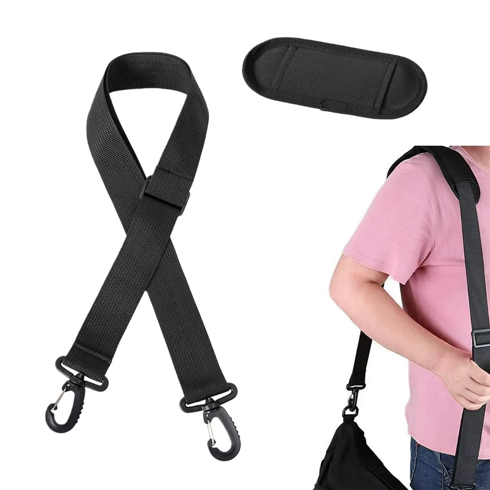 Universale Sostituzione Cinghia Tracolla 160cm larghezza 38mm di Spalla Imbottita e Staccabile Regolabile Cintura, per Laptop Borsa Chitarra di Ricambio Fotocamera Con Ganci Girevoli-Nero - immagine 1