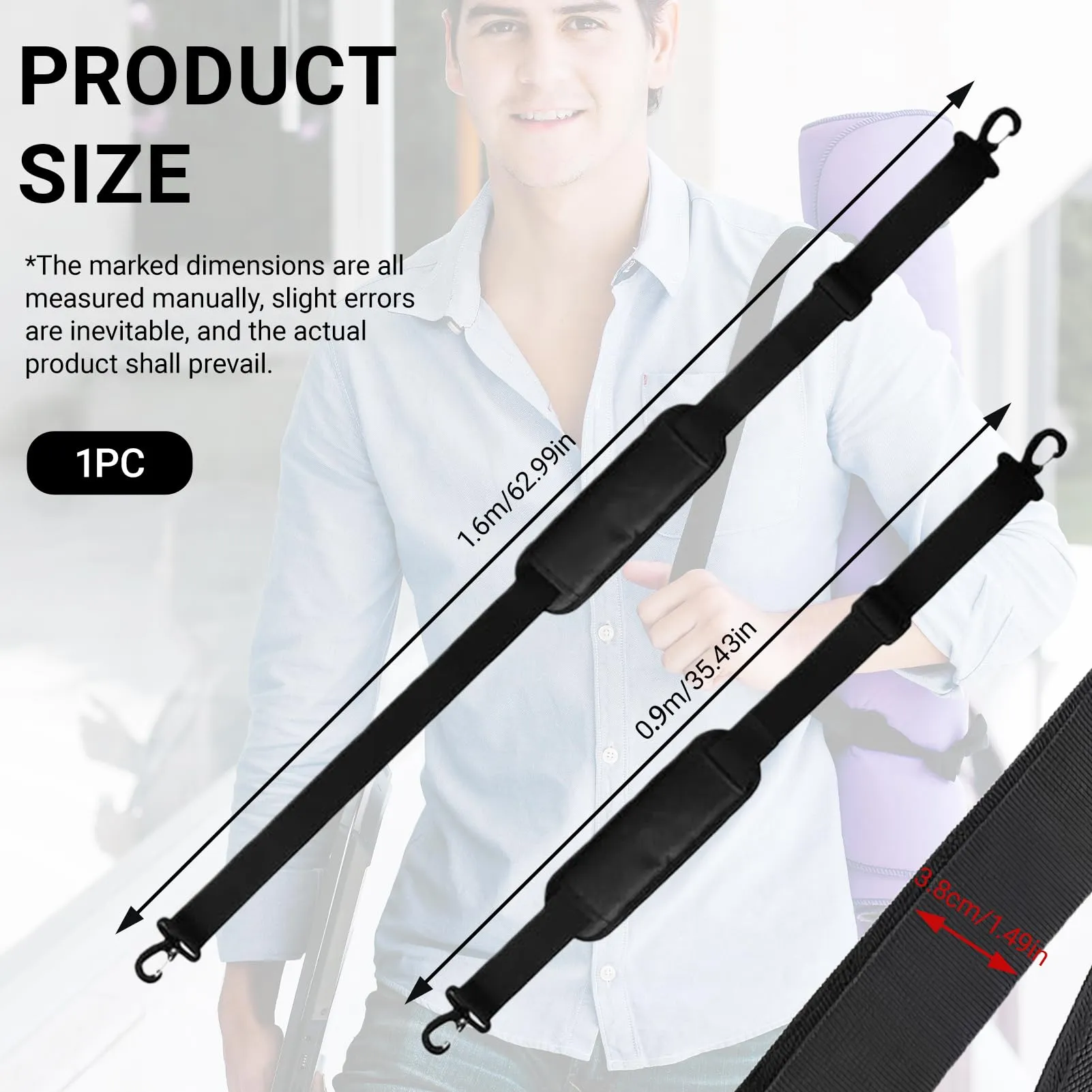 Universale Sostituzione Cinghia Tracolla 160cm larghezza 38mm di Spalla Imbottita e Staccabile Regolabile Cintura, per Laptop Borsa Chitarra di Ricambio Fotocamera Con Ganci Girevoli-Nero - immagine 2