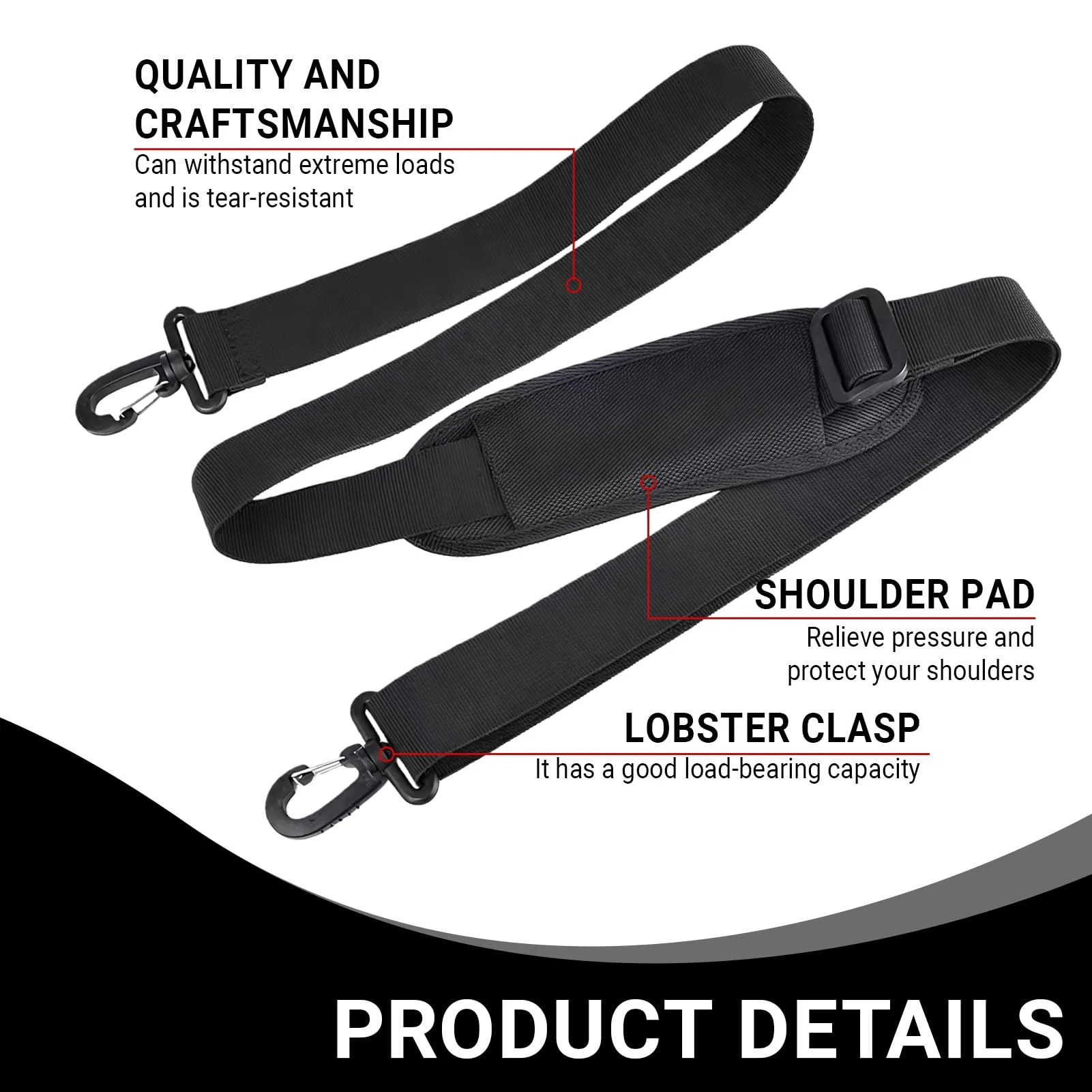 Universale Sostituzione Cinghia Tracolla 160cm larghezza 38mm di Spalla Imbottita e Staccabile Regolabile Cintura, per Laptop Borsa Chitarra di Ricambio Fotocamera Con Ganci Girevoli-Nero - immagine 4