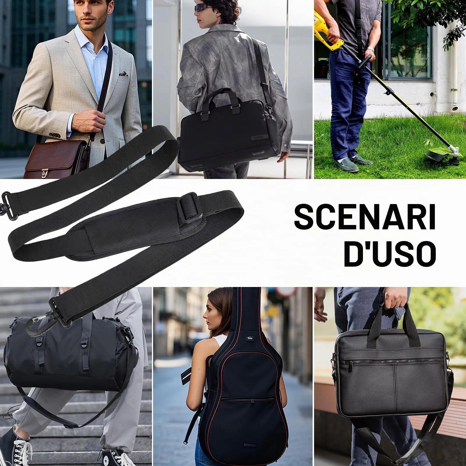 Universale Sostituzione Cinghia Tracolla 160cm larghezza 38mm di Spalla Imbottita e Staccabile Regolabile Cintura, per Laptop Borsa Chitarra di Ricambio Fotocamera Con Ganci Girevoli-Nero - immagine 7