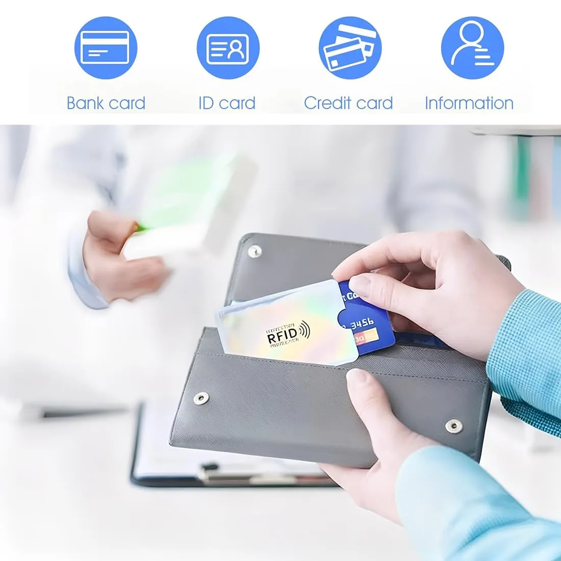 ROLKUFA 10 Pezzi Supporto Per Carte Rfid Colorato,Custodie Per Carte Di Credito,Un Set Di Coperture Sicure Per Carte Di Credito Senza Contatto E Clip Per Carte Antifurto - immagine 4