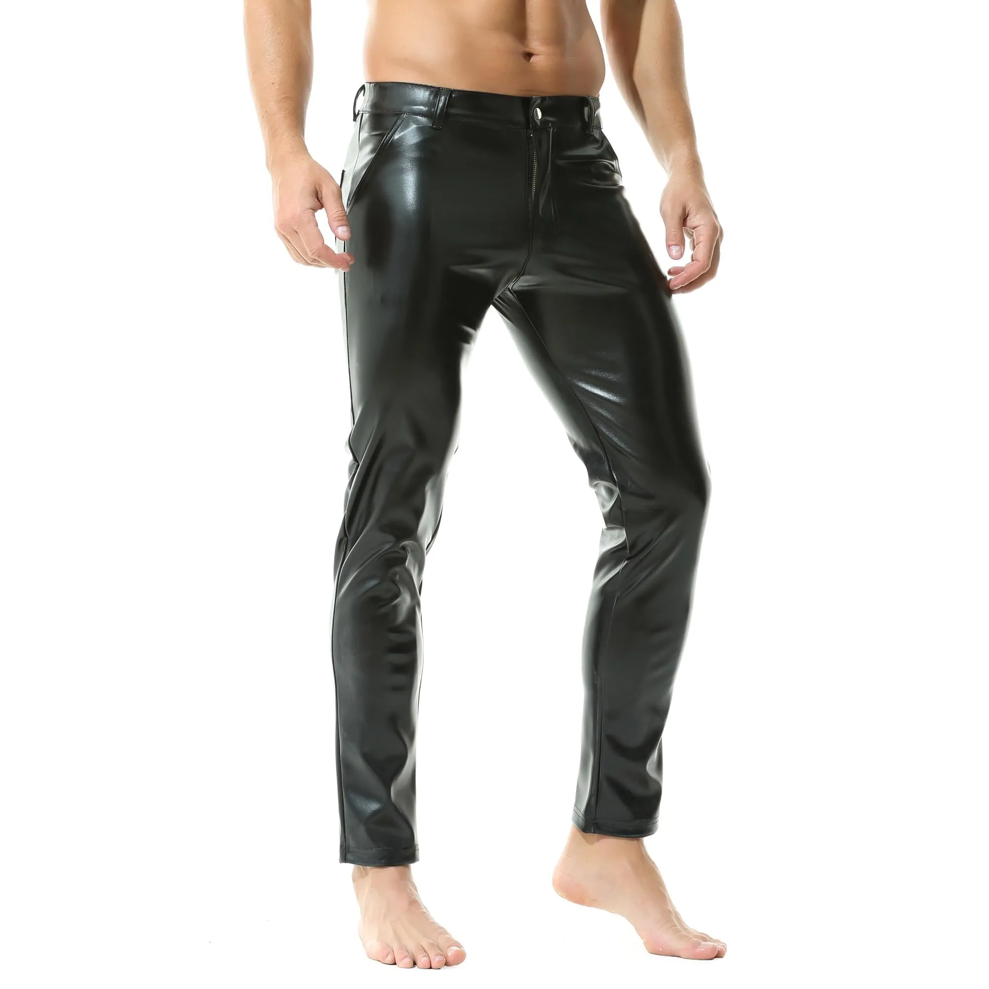 YUFEIDA Leggings da uomo classici look bagnato PU ecopelle pantaloni lunghi con chiusura lampo tasche casual moto cosplay danza palcoscenico party club leggings pantaloni da uomo, A1-nero., M - immagine 5