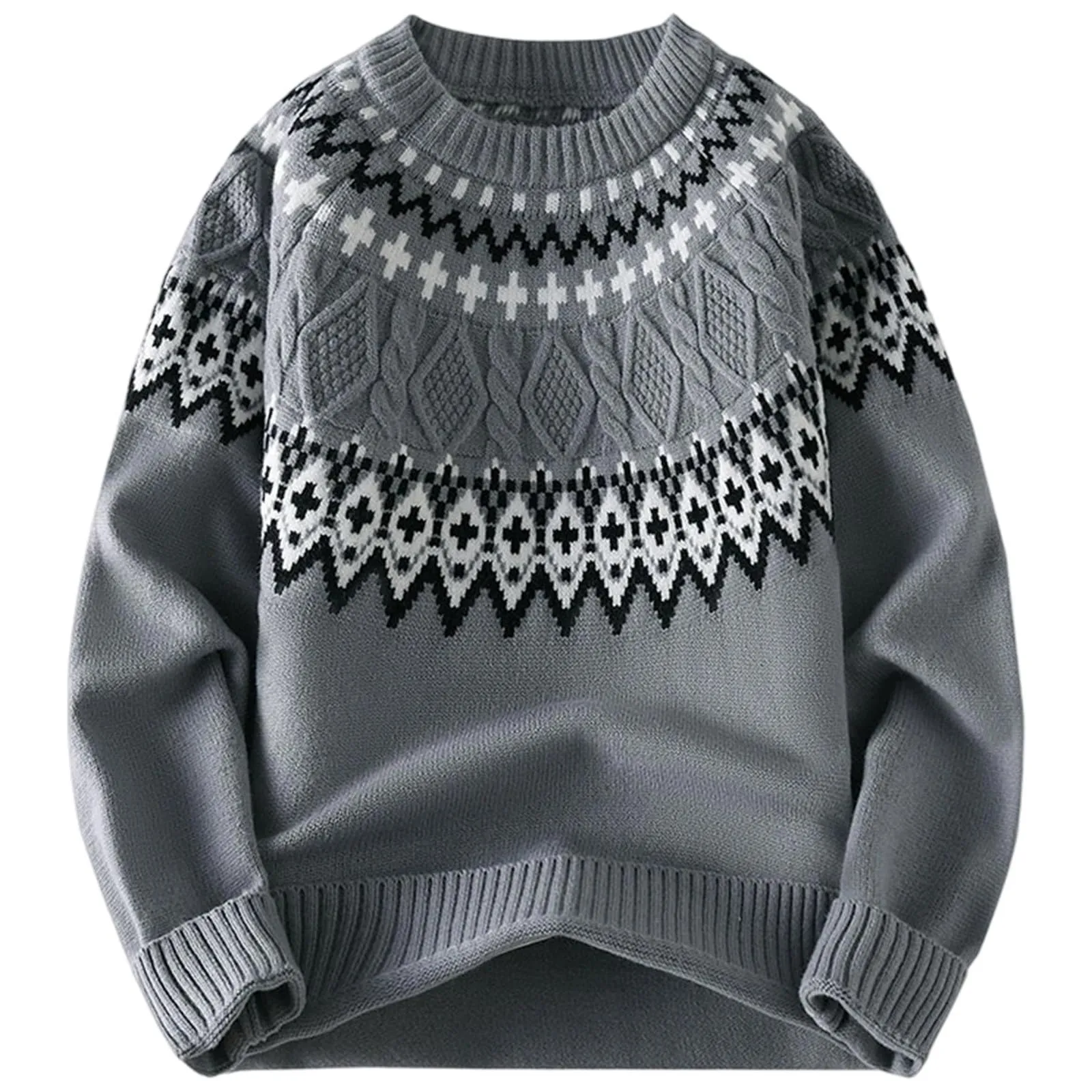 Mymyguoe Maglione norvegese da uomo in lana a righe fine merino, lavorato a maglia jacquard, motivo cavallo, slim fit, invernale, caldo maglione natalizio, grigio., XXL - immagine 1